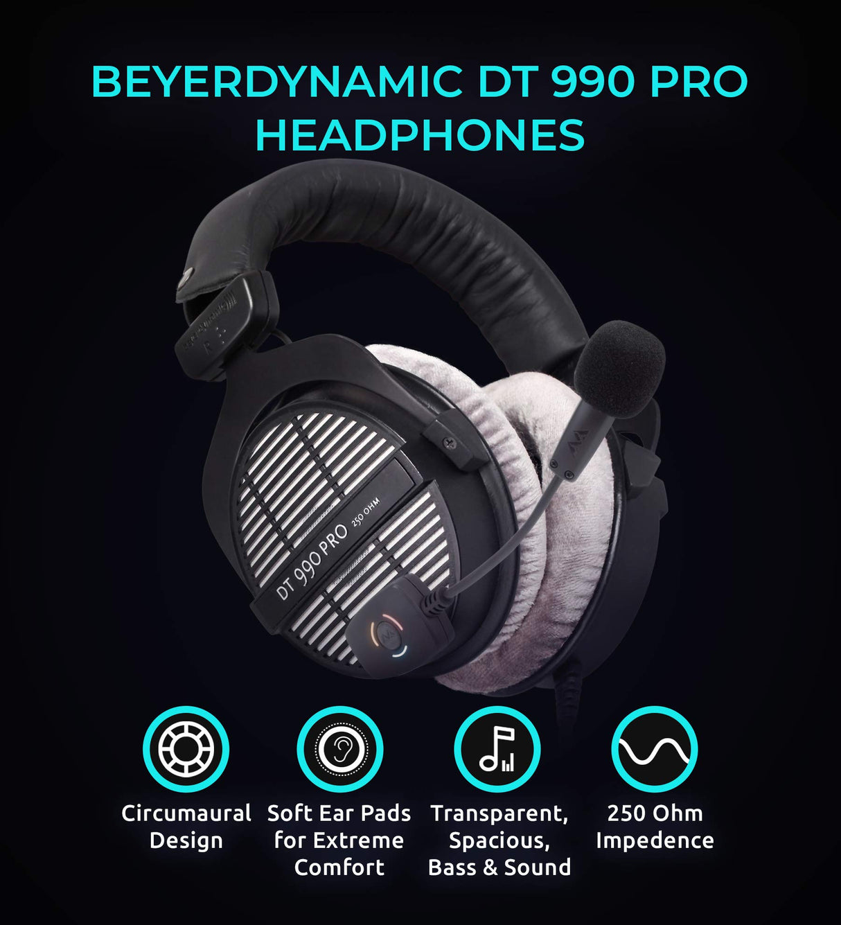 Antlion Audio Beyerdynamic DT 990 PRO 250 Ohm Open Studio Headphones Bundle ModMic Wireless Attachable Boom Microphone for Windows, Mac, Linux, PS4, and Blucoil 6' 3.5mm Headphone Extension Cable