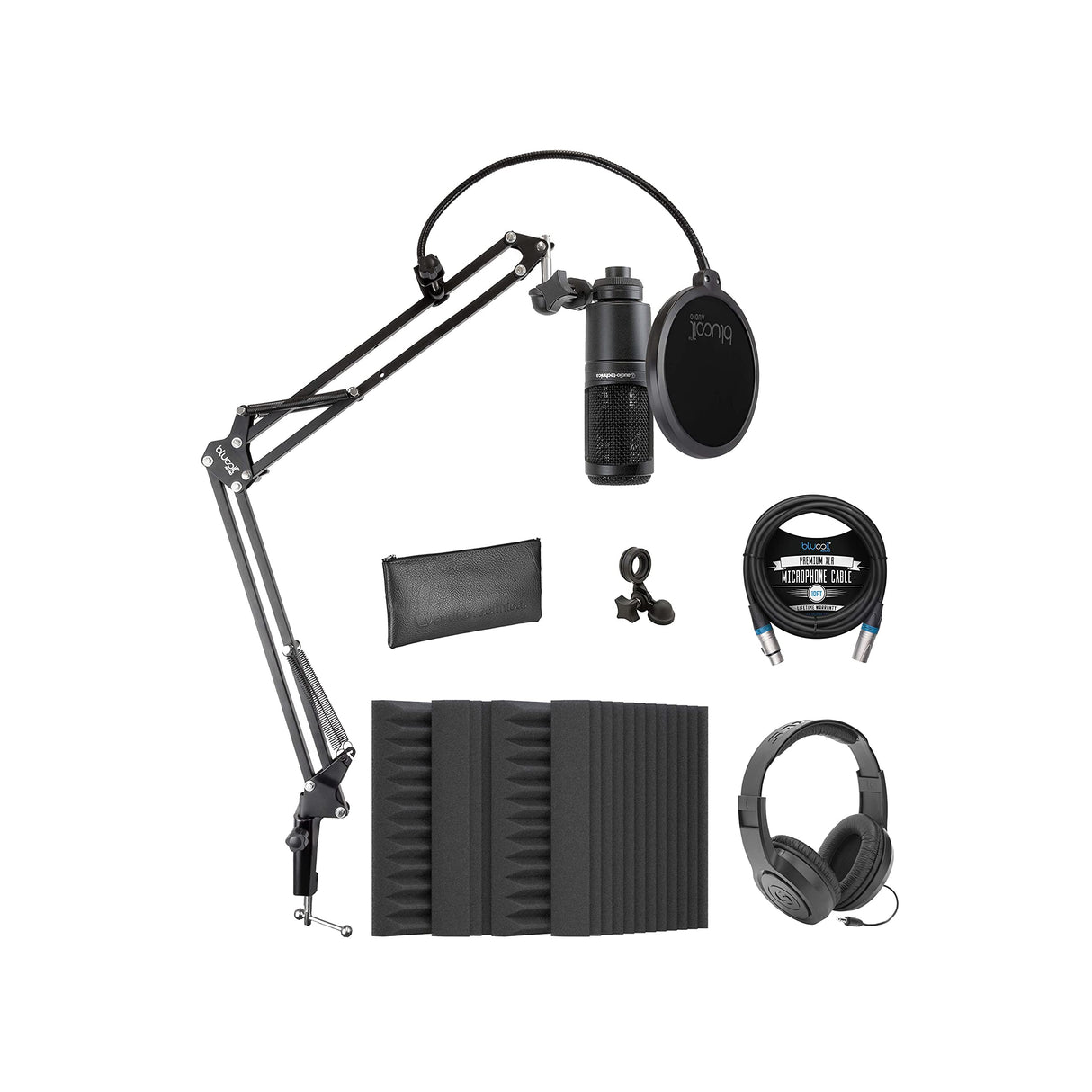 Audio-Technica AT2020 Cardioid Condenser Microphone Bundle with Blucoil 4-Pack of 12 Acoustic Foam Isolation Panel Wedges, 10' XLR Cable, Boom Arm Plus Pop Filter, and Samson SR350 Headphones