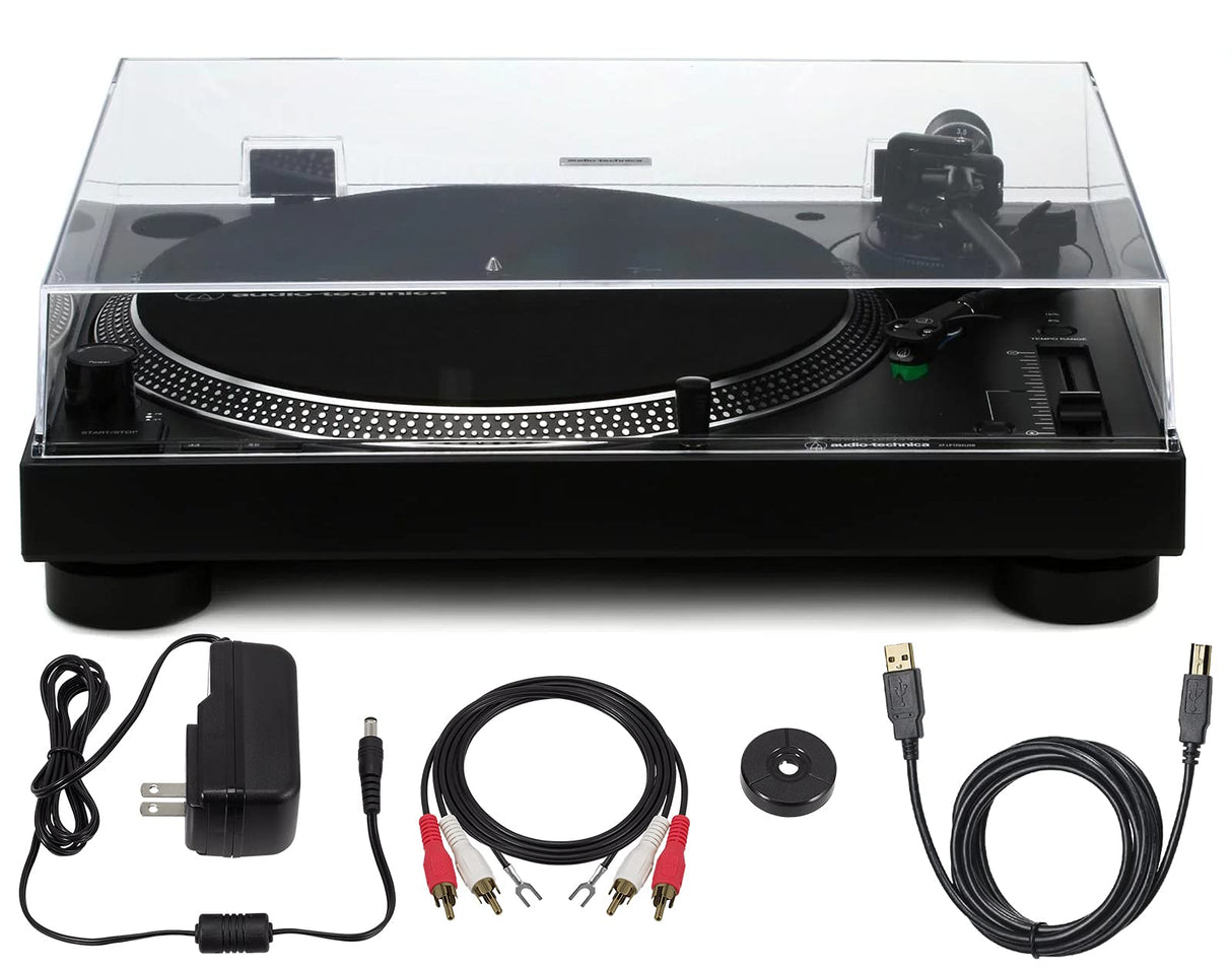Audio Technica AT-LP120XUSB USB Direct-Drive Turntable (Black) Bundle with Blucoil 2x LP Inner Sleeves, 12" Turntable Slipmat, 2-in-1 Vinyl Cleaning Kit, 3' USB Extension Cable, and USB-A Mini Hub