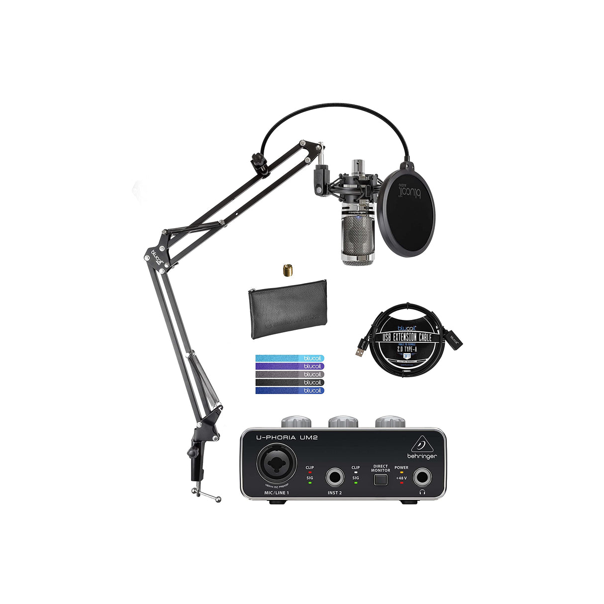 Audio-Technica AT2020USB+V Limited Edition Condenser Microphone (Chrome) Bundle with U-PHORIA UM2 USB Audio Interface, Blucoil Boom Arm Plus Pop Filter, 3' USB Extension Cable, and 5X Cable Ties