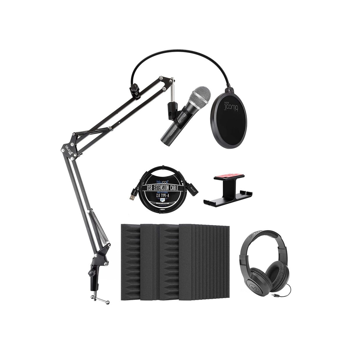 Audio-Technica ATR2100x-USB Cardioid Dynamic Microphone Bundle with Blucoil 4X 12 Acoustic Wedges, 3' USB Extension Cable, Boom Arm Plus Pop Filter, Headphone Hook, and Samson SR350 Headphones