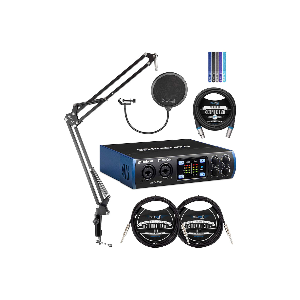 Studio 26c 2x4 192 kHz USB Audio Interface Bundle with Studio One Artist Software, Blucoil 10-FT Balanced XLR Cable, 2x Straight Instrument Cables, Boom Arm Plus Pop Filter and 5x Cable Ties