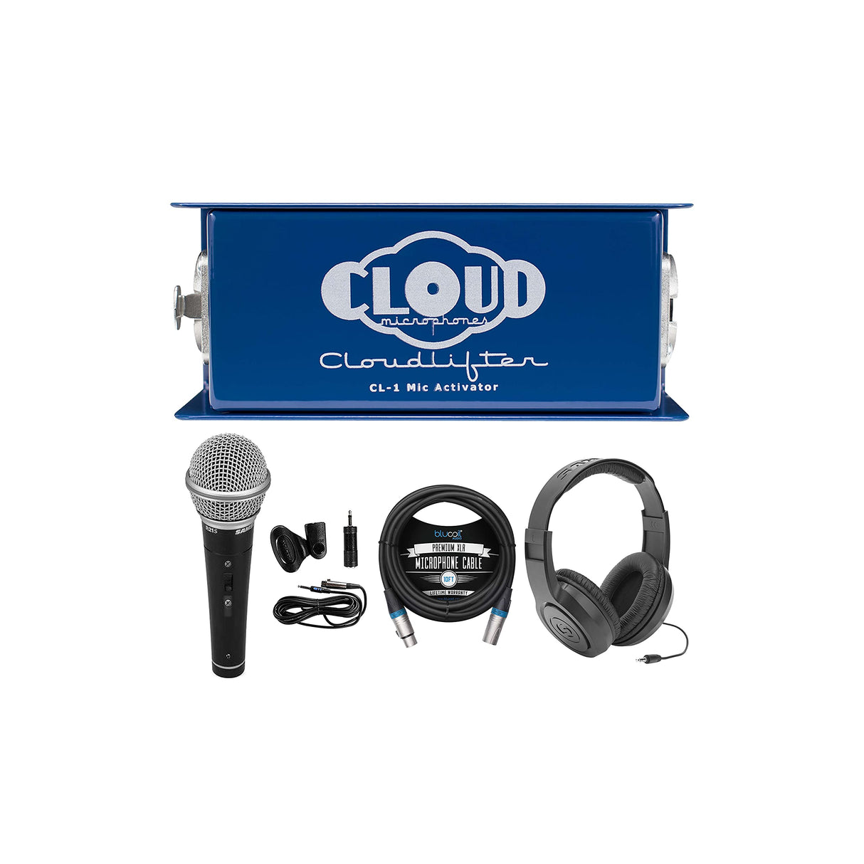 Cloud Microphones Cloud Lifter CL-1 Mic Activator for Passive Dynamic and Ribbon Mics Bundle with Samson R21S Dynamic Microphone, SR350 Over-Ear Stereo Headphones, and Blucoil 10' XLR Cable