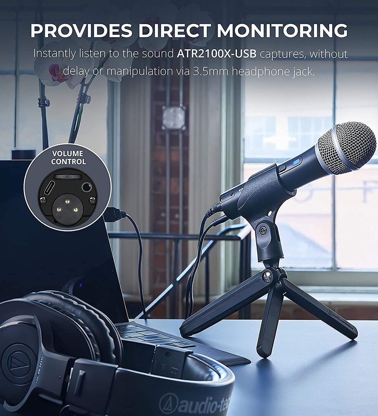 Audio-Technica ATR2100x-USB Cardioid Dynamic Microphone Bundle with Blucoil 4X 12 Acoustic Wedges, 3' USB Extension Cable, Boom Arm Plus Pop Filter, Headphone Hook, and Samson SR350 Headphones