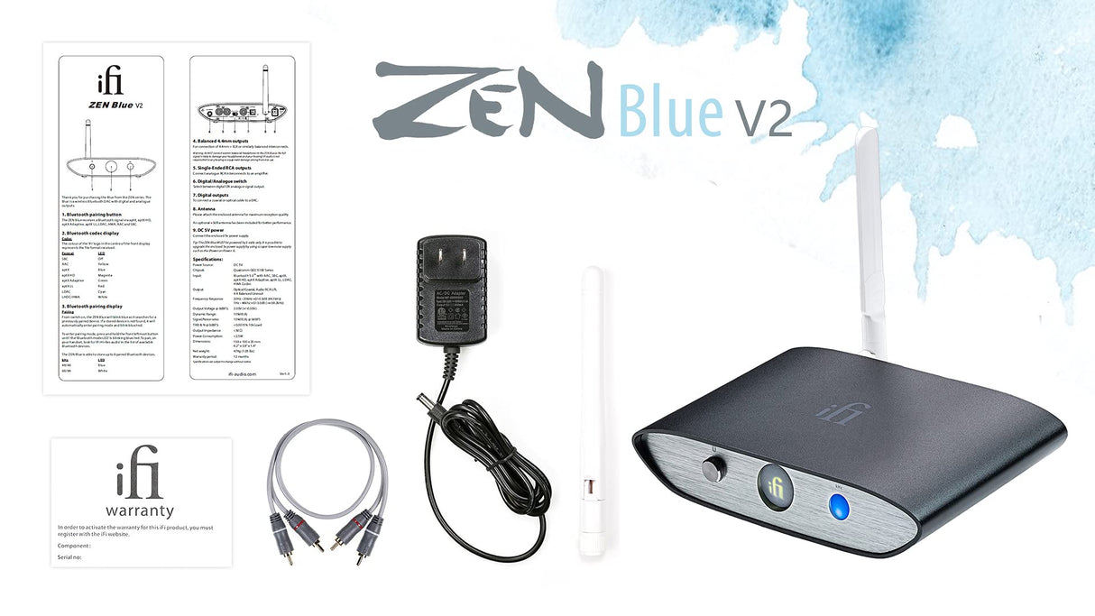 iFi Zen Blue V2 - HiFi Bluetooth 5.0 Receiver Desktop DAC for Streaming Music to Any Powered Speaker, A/V Receiver, Amplifier - Outputs - Optical/Coaxial/SPDIF/BRCA / 4.4 Balanced (US Version)