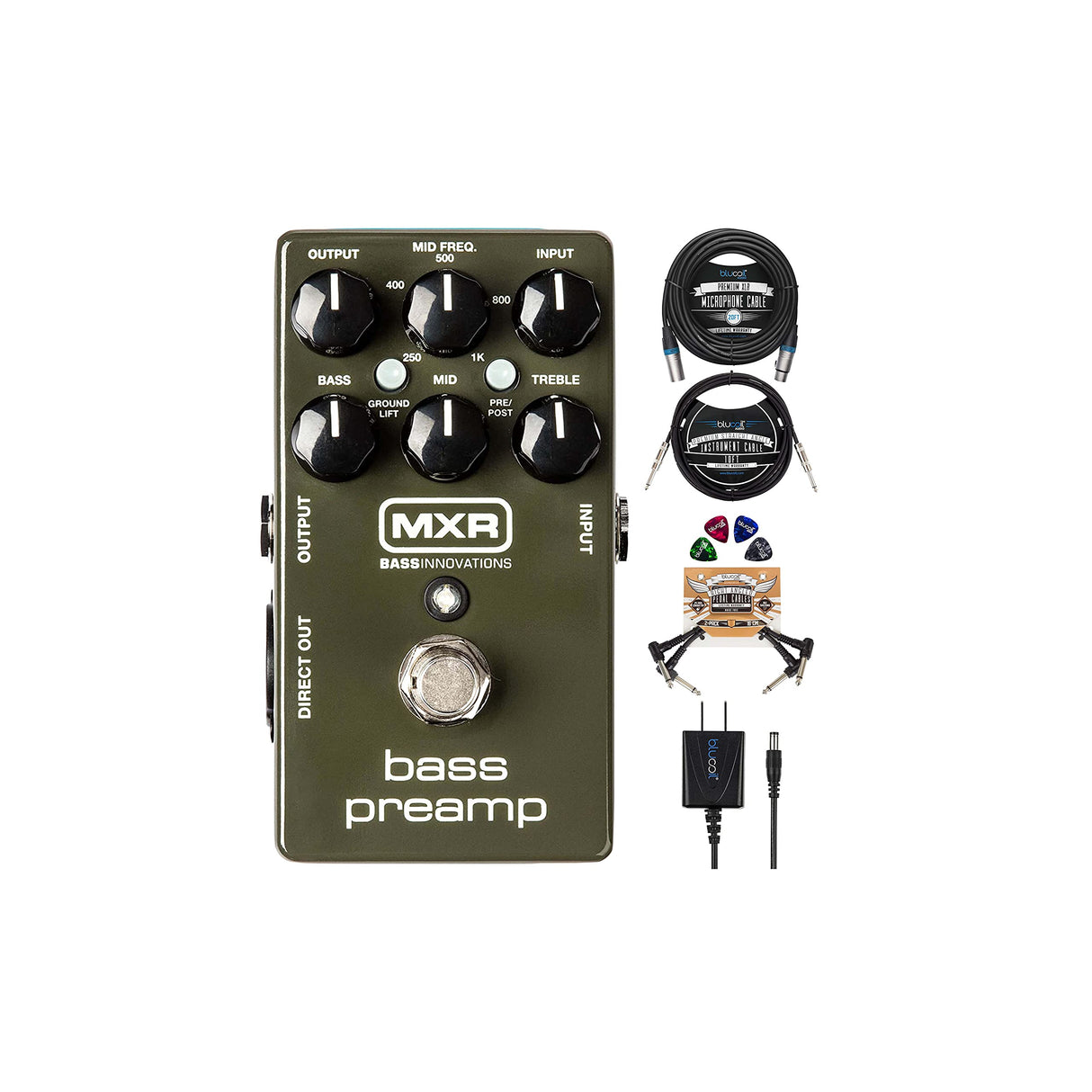 MXR M81 Bass Preamp Pedal with Direct Out and 3-Band EQ Bundle with Blucoil 4x Guitar Picks, 10' Straight Instrument Cable (1/4"), 9V AC Adapter, 2x Patch Cables, and 20' XLR Cable