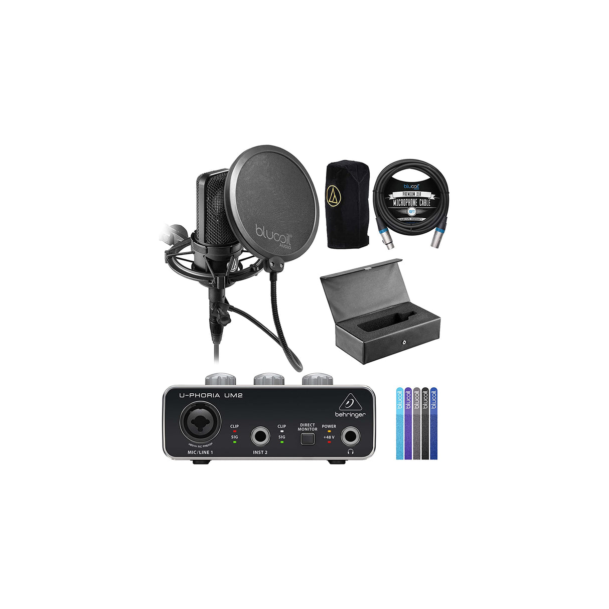 Audio Technica AT4040 Cardioid Condenser Microphone Bundle with Behringer U-PHORIA UM2 USB Audio Interface for Windows & Mac, Blucoil 10-FT Balanced XLR Cable, Pop Filter Windscreen, and 5x Cable Ties