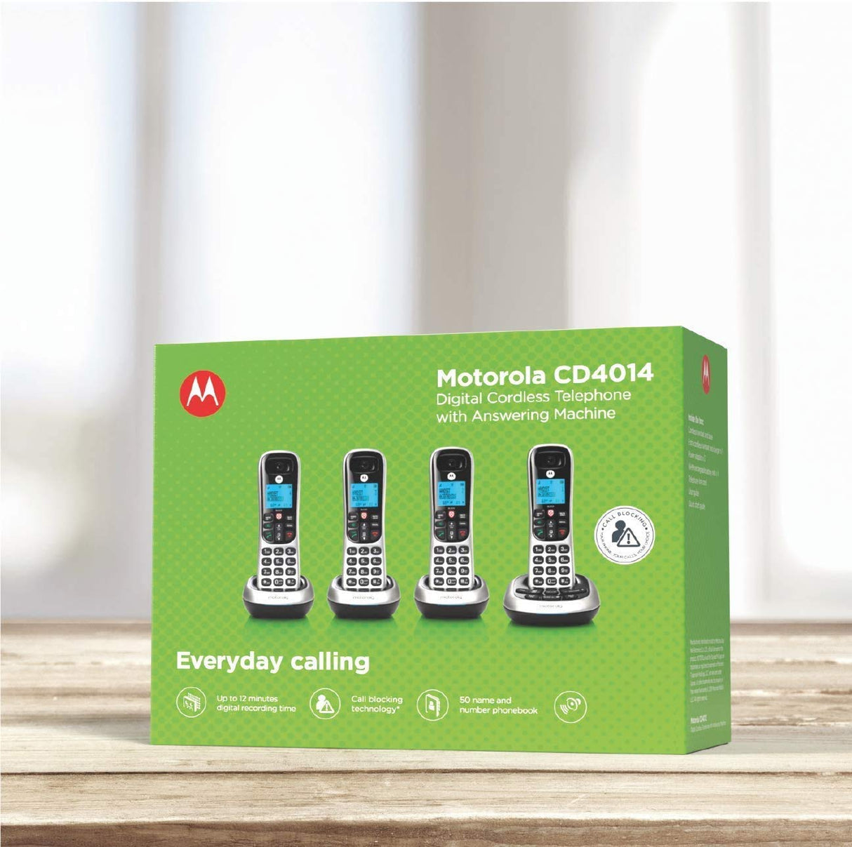 Motorola CD4014 DECT 6.0 Cordless Phones with Digital Answering Machine and Call Block (4-Pack) Bundle with Blucoil 10-FT 1 Gbps Cat5e Cable, and Reusable Cable Ties (5-Pack)