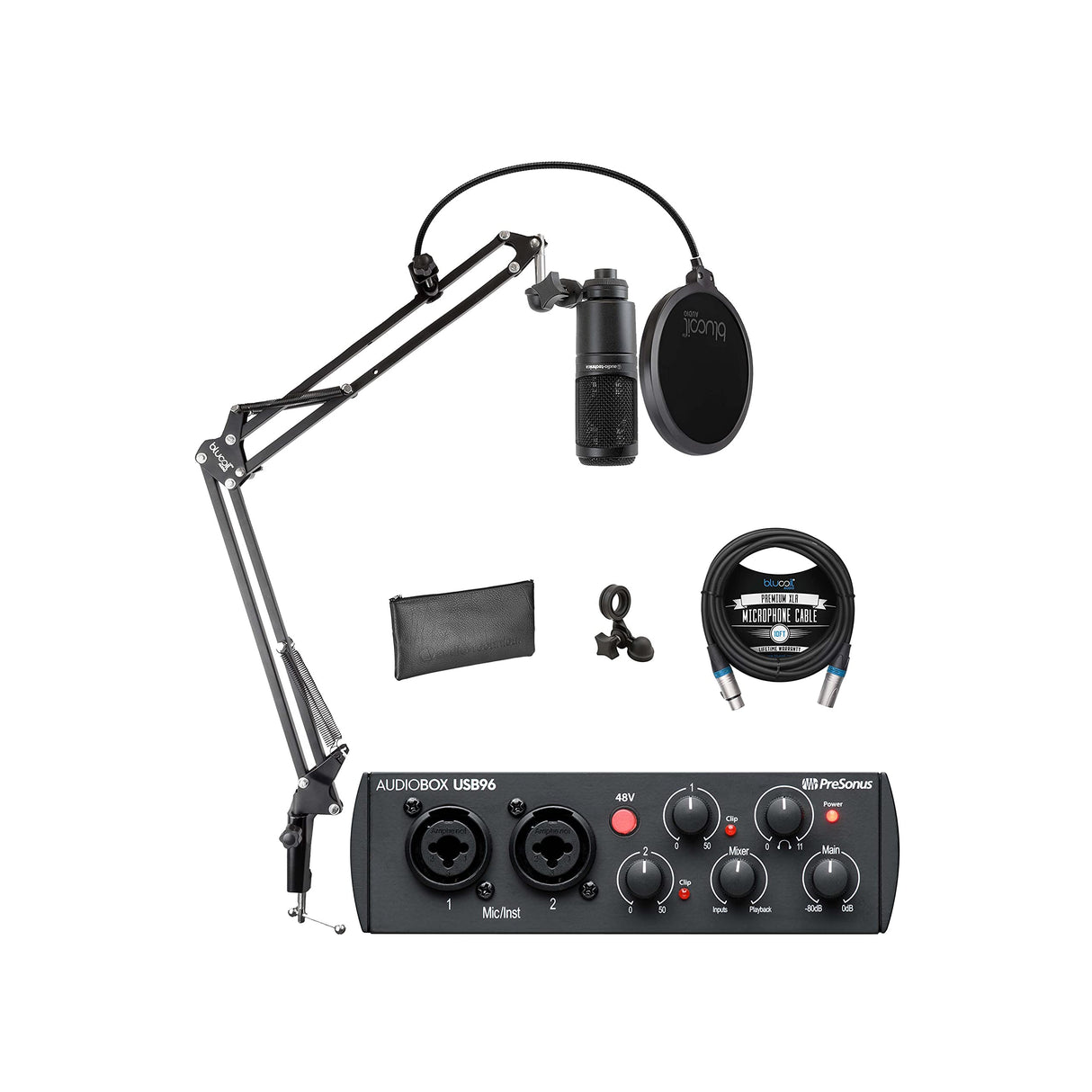 PreSonus AudioBox USB 96 Audio Interface 25th Anniversary Edition for Mac and Windows Bundle with Audio-Technica AT2020 Condenser Microphone, Blucoil Boom Arm Plus Pop Filter, and 10' XLR Cable