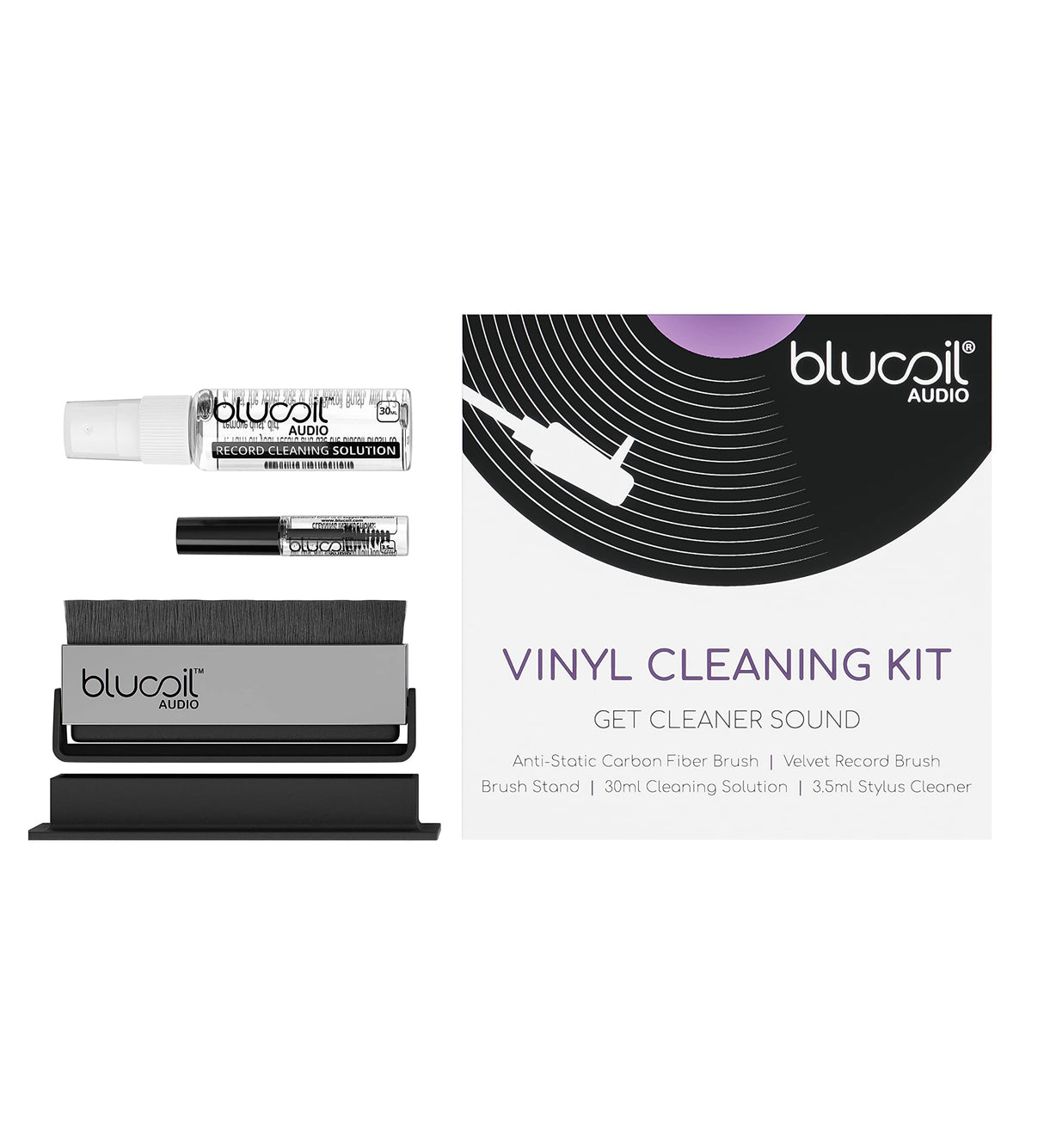 Blucoil Cleaning Kit for Turntable Stylus, LP and Vinyl Records - Anti-Static Carbon Fiber Brush, Velvet Record Cleaning Brush Stand 30ml Vinyl Record-Cleaning Solution 3.5ml Stylus Cleaner Fluid