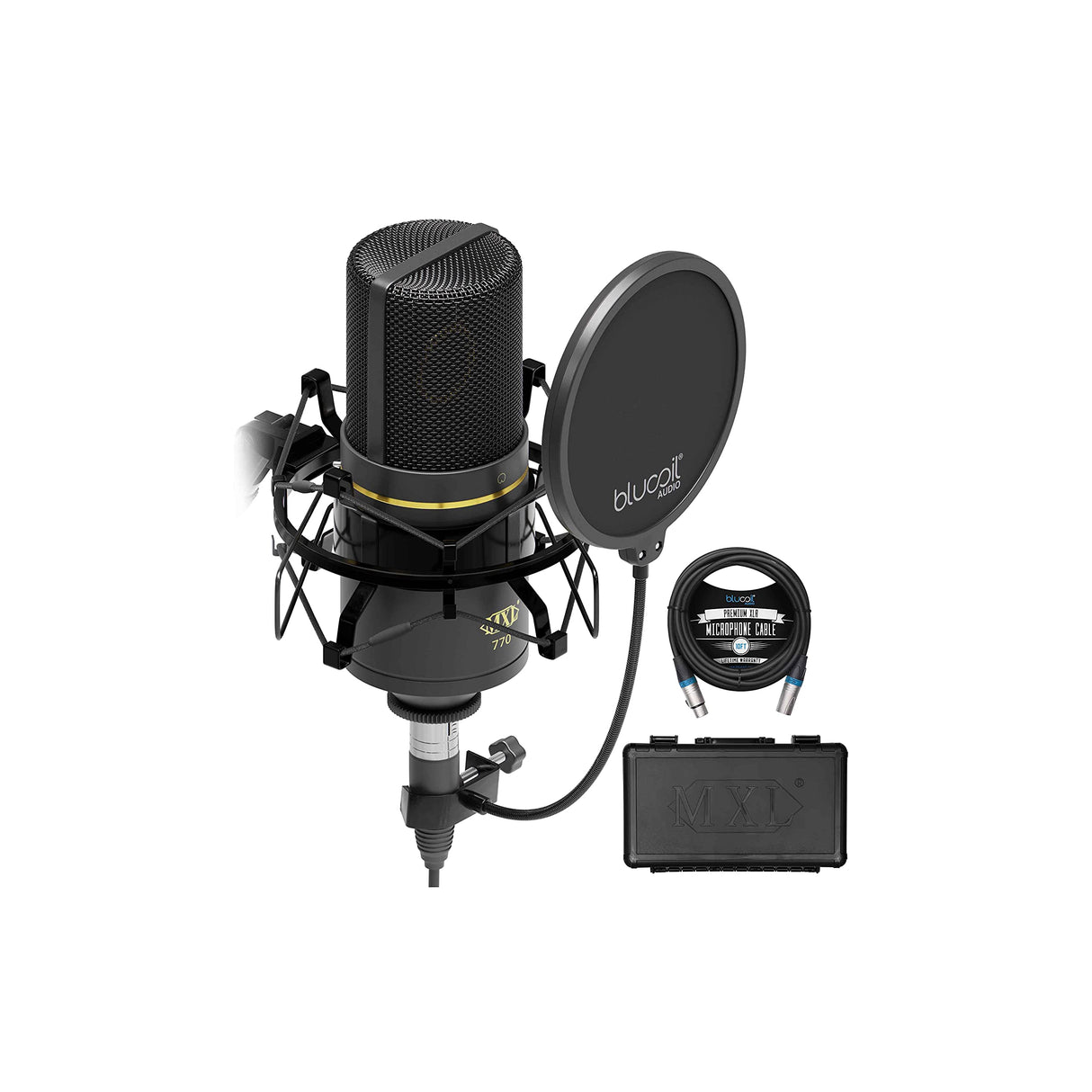 blucoil MXL 770 Cardioid Condenser Microphone Bundle with Shock Isolation Mount, 10-FT Balanced XLR Cable, and Pop Filter Windscreen