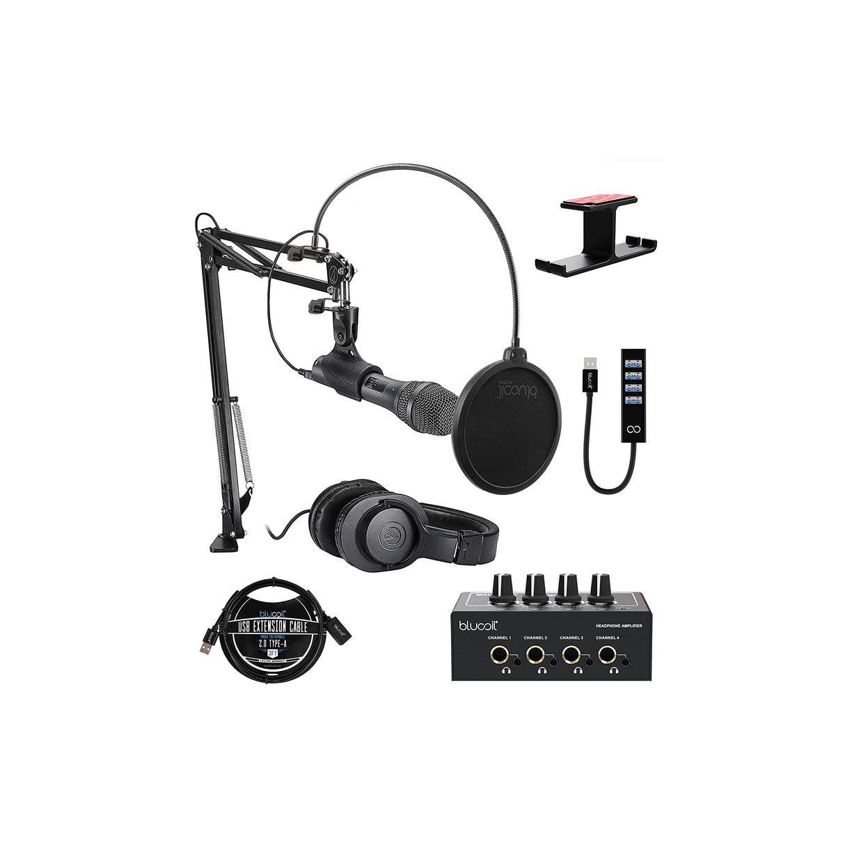 Audio-Technica AT2005USBPK Vocal Microphone Pack for Streaming/Podcasting Bundle with Blucoil Portable Headphone Amp, 3' USB Extension Cable, USB-A Mini Hub, Pop Filter, and Aluminum Headphone Hook