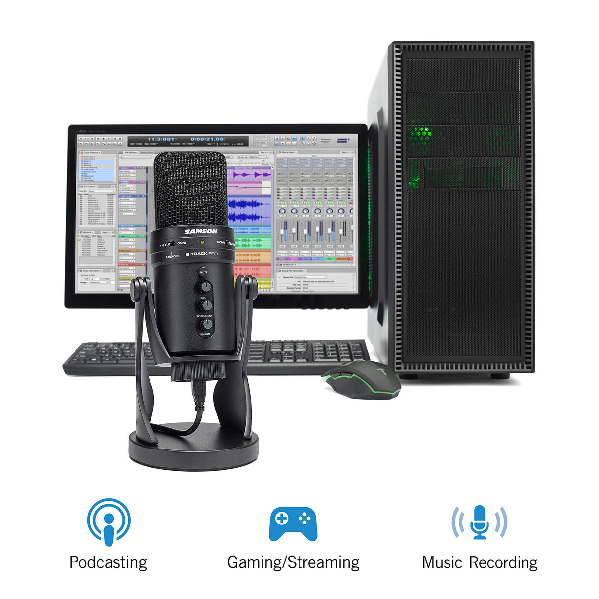 Samson G-Track Pro Professional USB Condenser Microphone, Black (SAGM1UPRO) Bundle with Blucoil 1080p USB Webcam for Windows and Mac, USB-A Mini Hub, and 3-FT USB 2.0 Type-A Extension Cable
