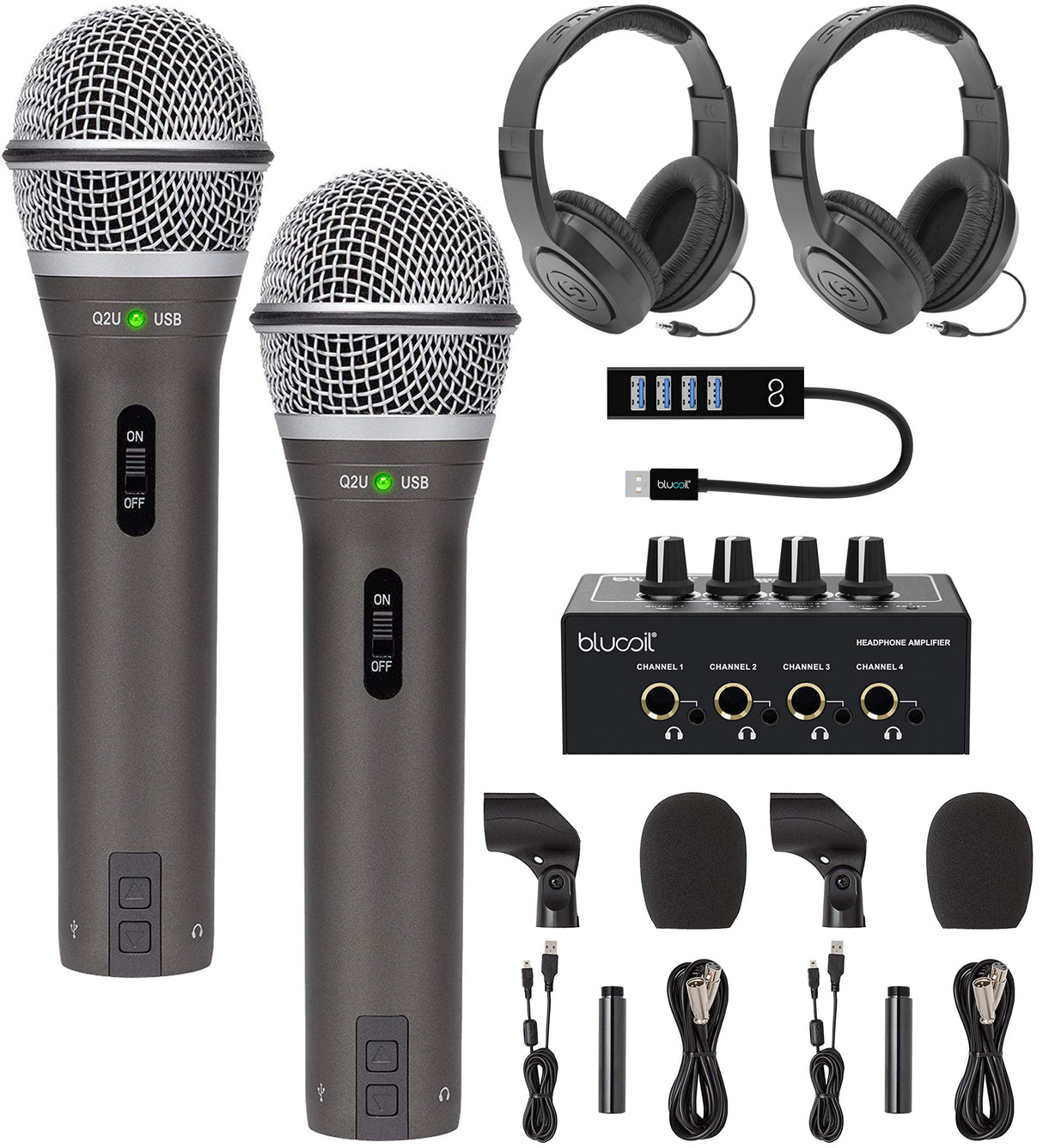 Samson Q2U USB/XLR Dynamic Microphone for Recording and Podcasting Bundle with SR350 Over-Ear Stereo Headphones, Blucoil 4-Channel Headphone Amp, and USB-A Mini Hub - Compatible with Mac/Windows