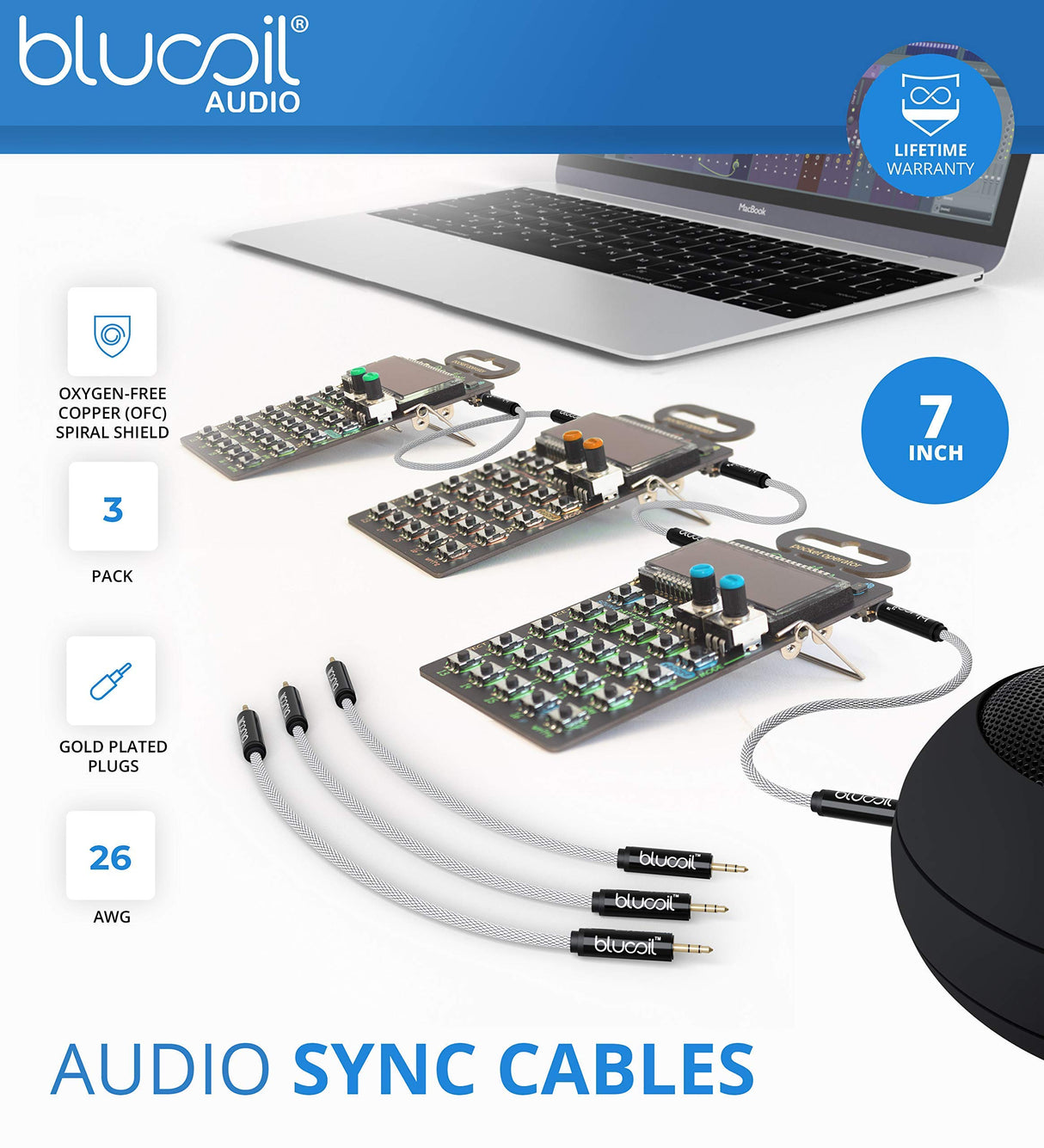 teen age engineering Pocket Operator PO-20 Arcade Synthesizer and Sequencer Bundle with Samson SR350 Over-Ear Stereo Headphones, Blucoil 3-Pack of 7" Audio AUX Cables, and 4 AAA Batteries