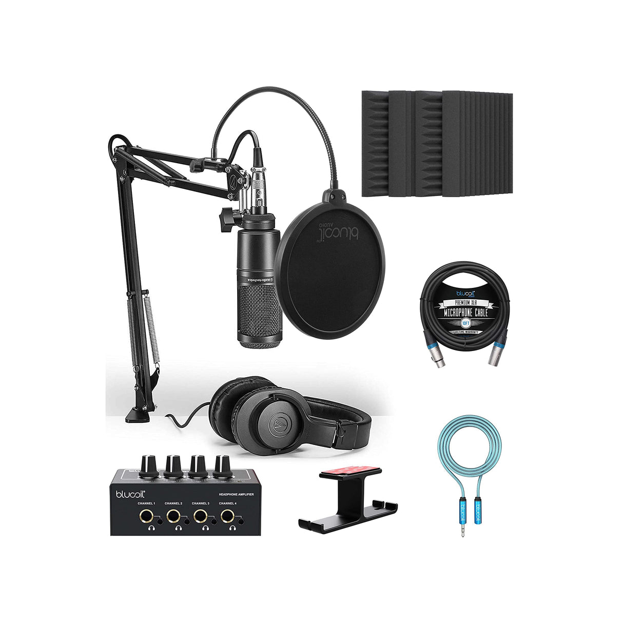 Audio-Technica AT2020PK Vocal Microphone Pack for Streaming/Podcasting Bundle with Blucoil 4X 12 Acoustic Wedges, Headphone Amp, Headphone Hook, 10' XLR Cable, Pop Filter and 6' 3.5mm Extension Cable