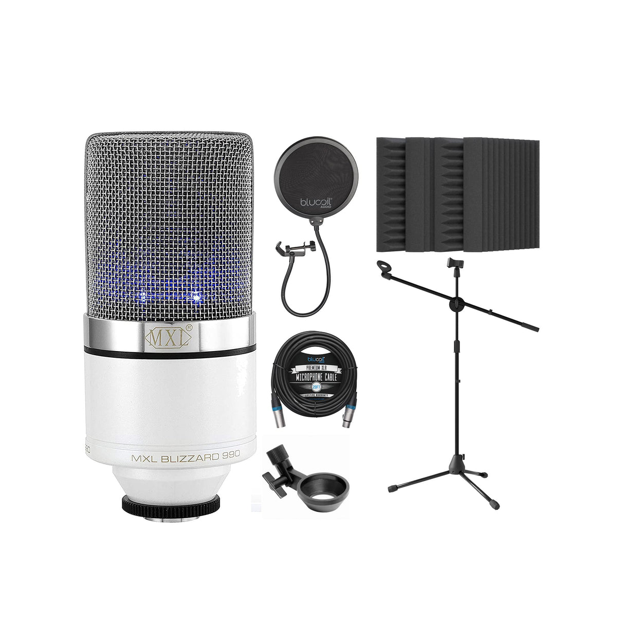 MXL 990 Blizzard Cardioid Condenser Microphone for Vocals and Guitars Bundle with Blucoil 20-FT Balanced XLR Cable, Pop Filter, Adjustable Microphone Tripod Stand, and 4X 12 Acoustic Wedges