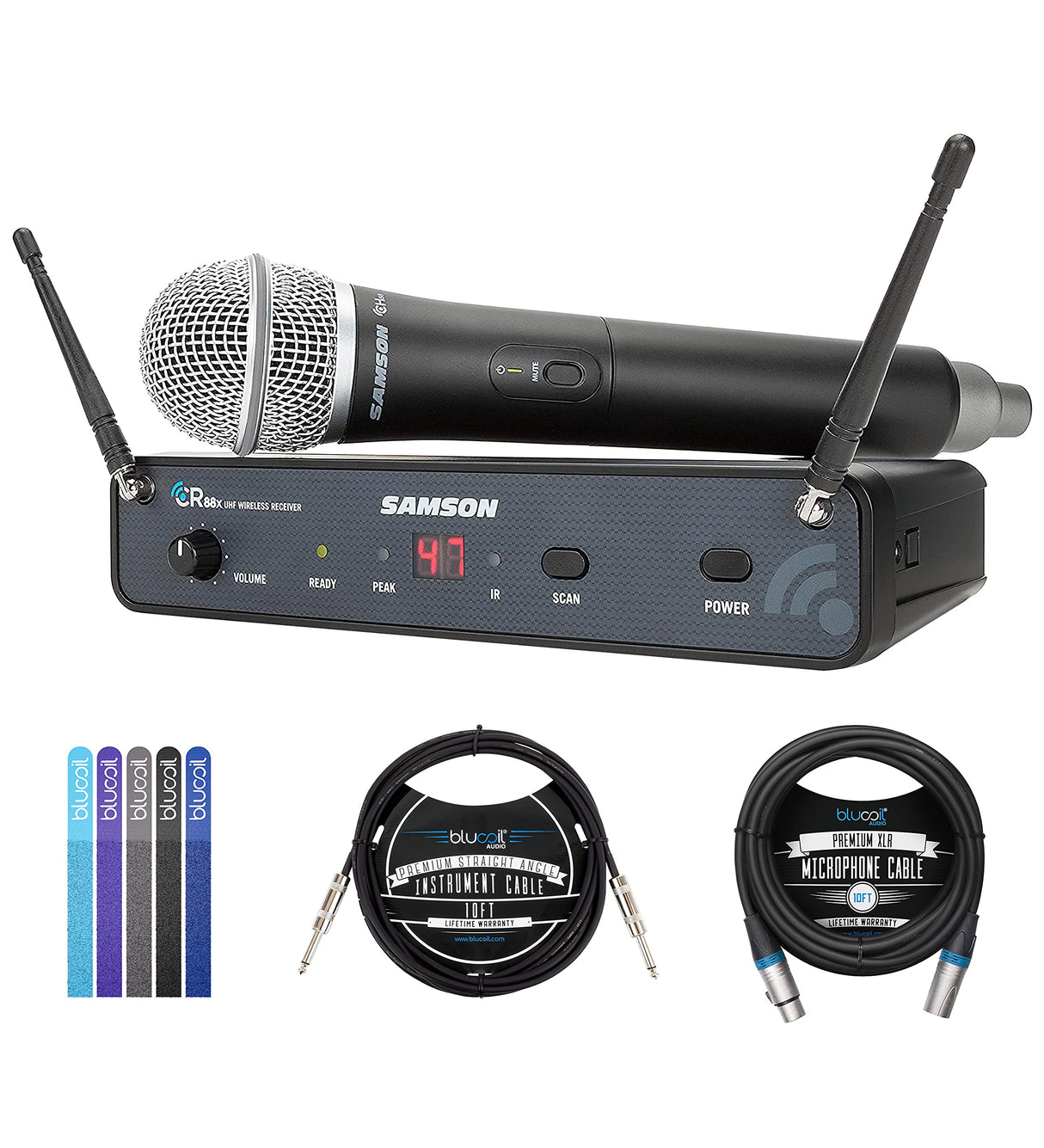 Samson Concert 88x Handheld Wireless System with Q7 Microphone (D Band) (SWC88XHQ7-D) Bundle with Blucoil 10' XLR Cable, 5-Pack of Reusable Cable Ties, and 10' Straight Instrument Cable (1/4")
