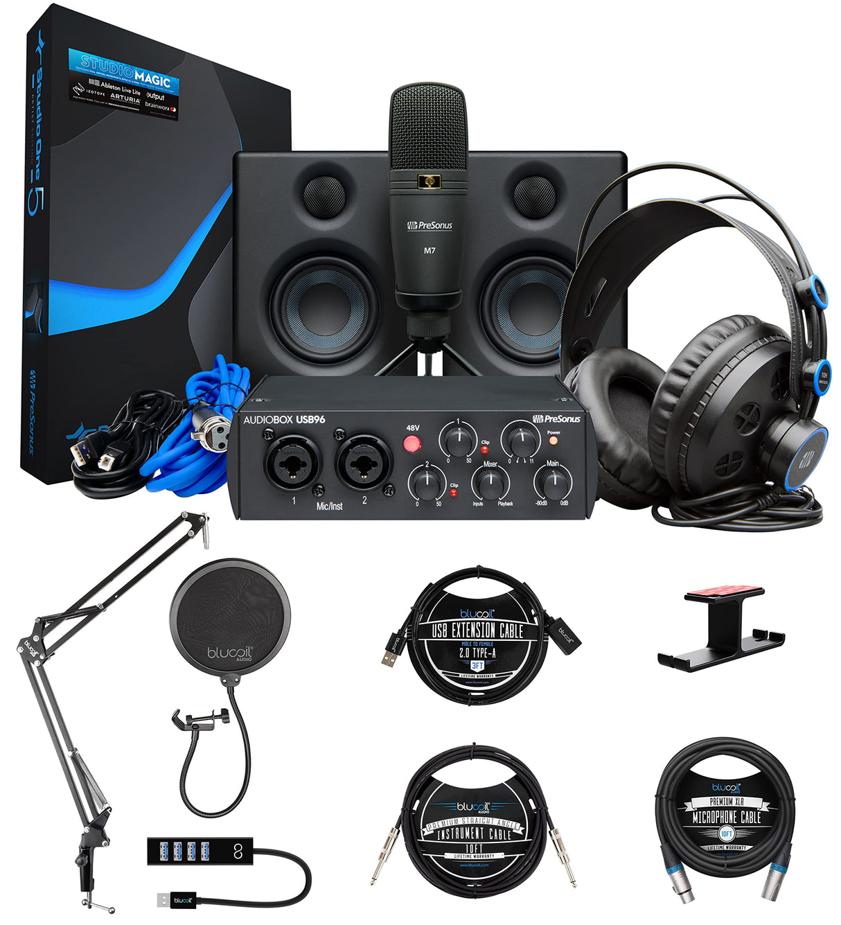 PreSonus AudioBox Studio Ultimate Bundle 25th Anniversary Edition with Studio One Artist, Blucoil Boom Arm plus Pop Filter, 10' XLR & Instrument Cables, USB-A Hub, 3' USB Cable, and Headphone Hook