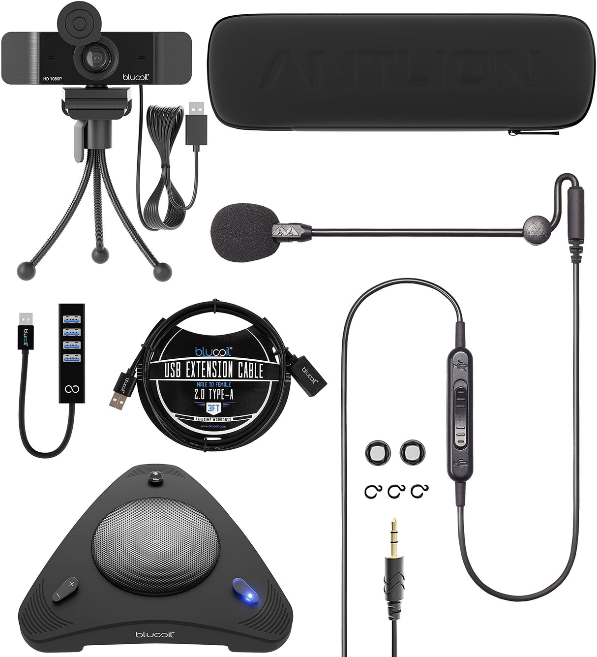 Antlion Audio ModMic Uni Attachable Noise-Cancelling Microphone with Mute Switch Bundle with Blucoil 1080p USB Webcam, USB Conference Speakerphone, USB-A Mini Hub, and 3' USB Extension Cable
