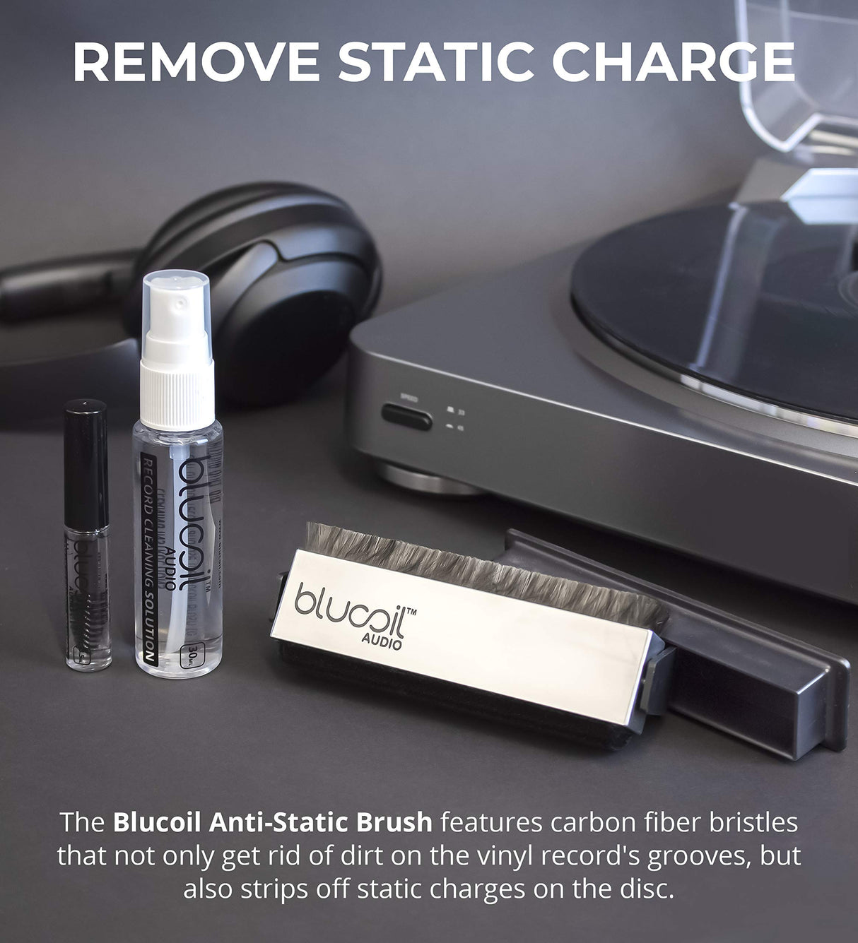 Blucoil Cleaning Kit for Turntable Stylus, LP and Vinyl Records - Anti-Static Carbon Fiber Brush, Velvet Record Cleaning Brush Stand 30ml Vinyl Record-Cleaning Solution 3.5ml Stylus Cleaner Fluid
