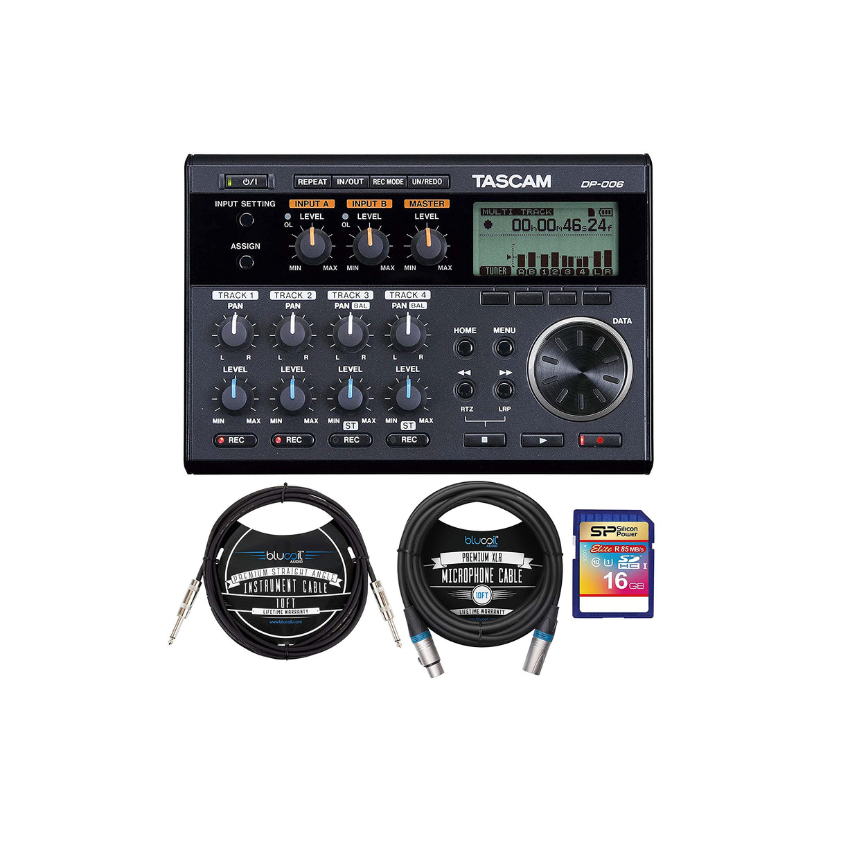 TASCAM DP-006 Digital PocketStudio Multi-Track Audio Recorder Bundle with 16GB SDHC Memory Card, Blucoil 10-FT Straight Instrument Cable (1/4in), and 10-FT Balanced XLR Cable