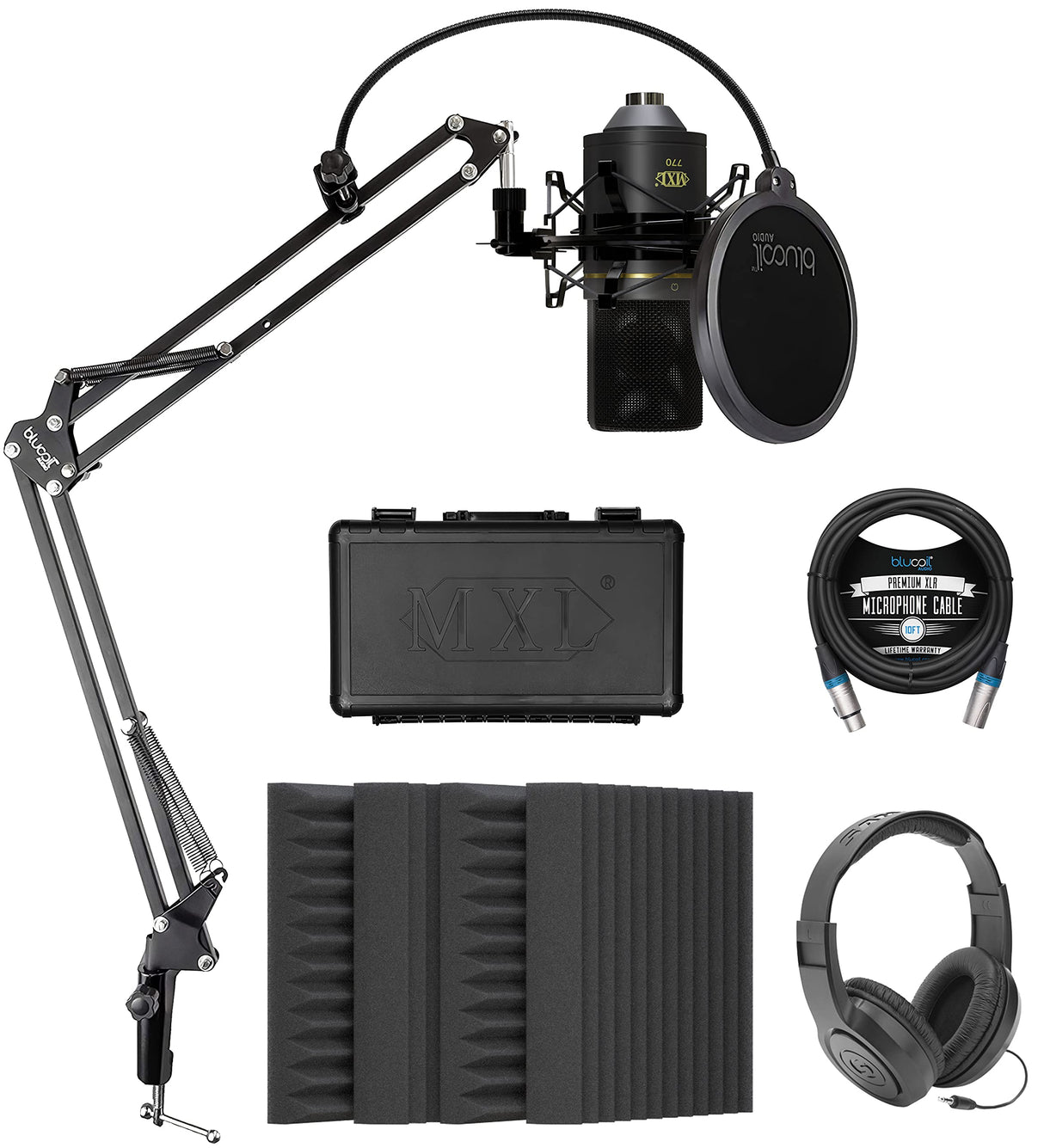 blucoil MXL 770 Cardioid Condenser Microphone (Black) Bundle 10-FT Balanced XLR Cable, Boom Arm Plus Pop Filter, 4X 12 Acoustic Wedges, and Samson SR350 Over-Ear Stereo Headphones