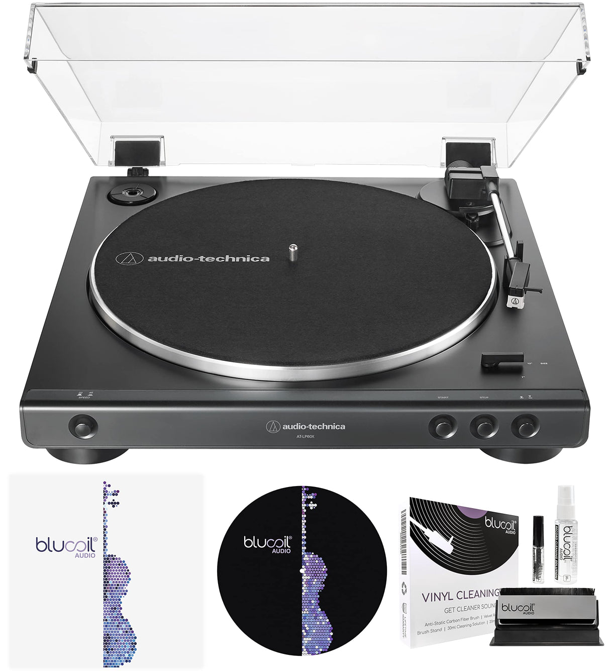 Audio Technica AT-LP60X-BK Fully Automatic Belt-Drive Stereo Turntable, Black, Hi-Fi Bundle with Blucoil Vinyl Cleaning Kit, 2-Pack of LP Inner Sleeves for Vinyl Records, and 12" Turntable Slipmat