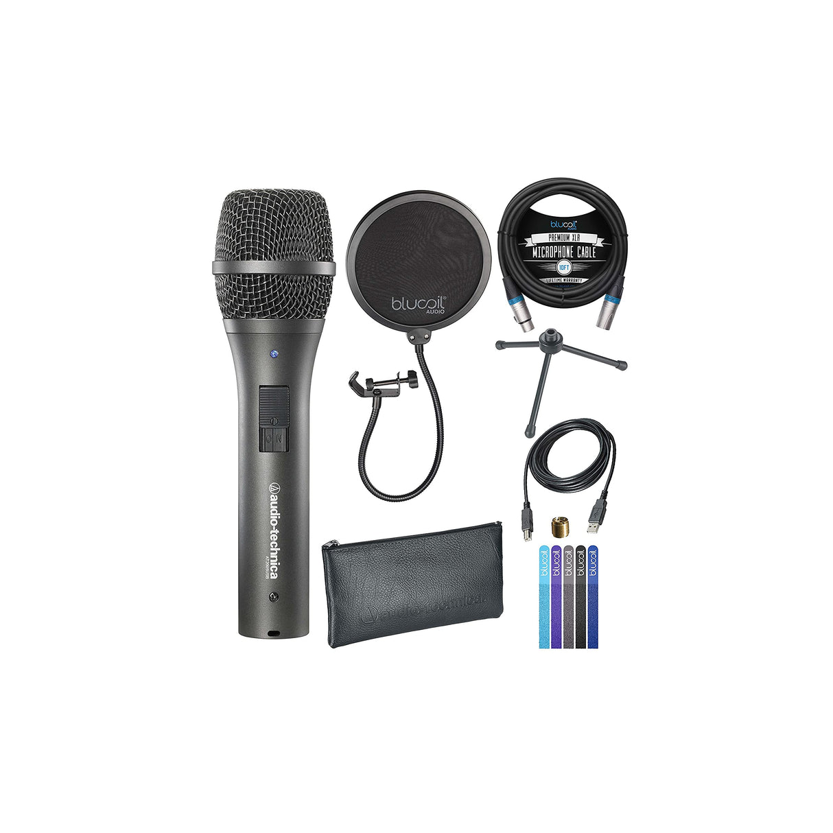 blucoil Audio Technica AT2005USB Cardioid Dynamic USB/XLR Microphone for PA Systems, Windows and Mac Bundle Pop Filter Windscreen, 10-FT Balanced XLR Cable, and 5-Pack of Reusable Cable Ties