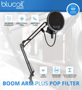 Zoom PodTrak P8 Podcast Recorder Bundle with Blucoil Boom Arm Plus Pop Filter, 2x 10' XLR Cables, Bluetooth Selfie Stick Tripod, 4 AA Batteries, 128GB SDXC Memory Card, and Samson SR350 Headphones