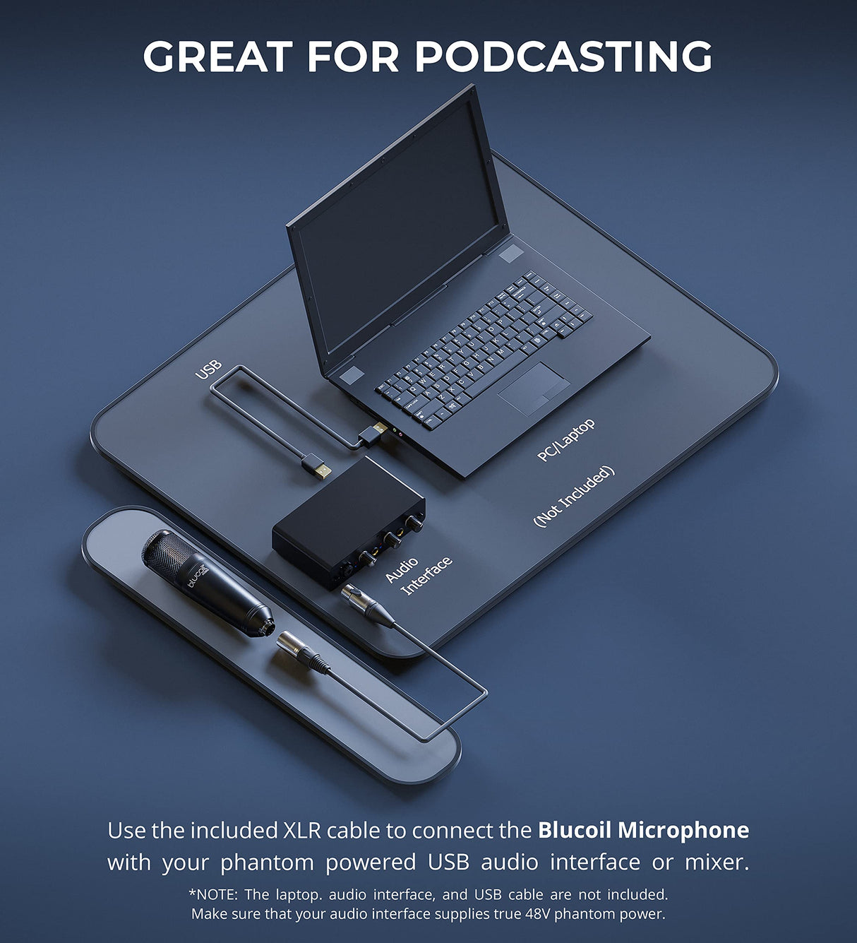 Blucoil Cardioid Condenser Studio XLR Microphone Bundle with Boom Arm Plus Pop Filter, Headphone Amp, Aluminum Headphone Hook, 5' TRS to TS Stereo Breakout Cable, and 6' 3.5mm Audio Extension Cable