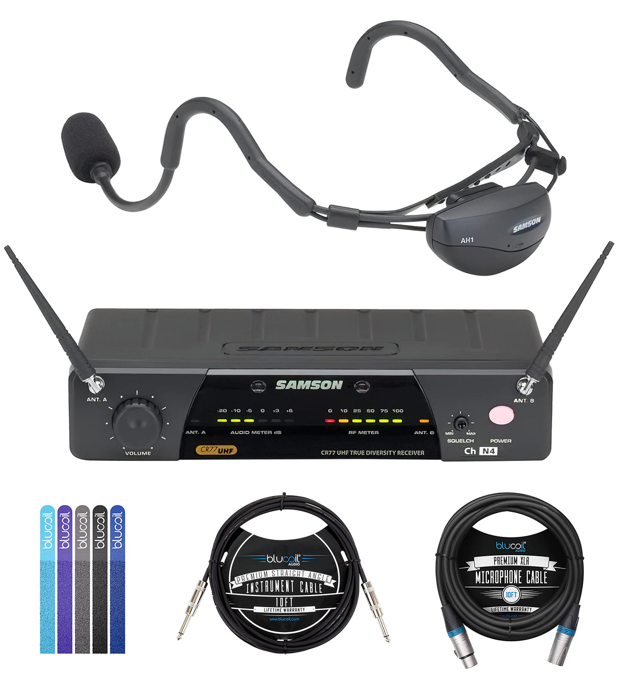 Samson Airline 77 AH7 Wireless System Fitness Headset (Channel K1) Bundle with Blucoil 10-FT Balanced XLR Cable, 5-Pack of Reusable Cable Ties, and 10-FT Straight Instrument Cable (1/4in)