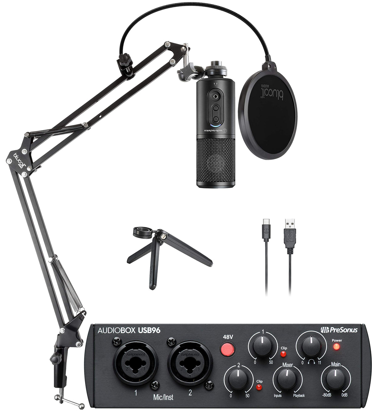 Audio-Technica ATR2500x-USB Cardioid Condenser Microphone (ATR Series) Bundle with PreSonus AudioBox 96 Studio 25th Anniversary Edition USB Audio Interface, and Blucoil Boom Arm Plus Pop Filter