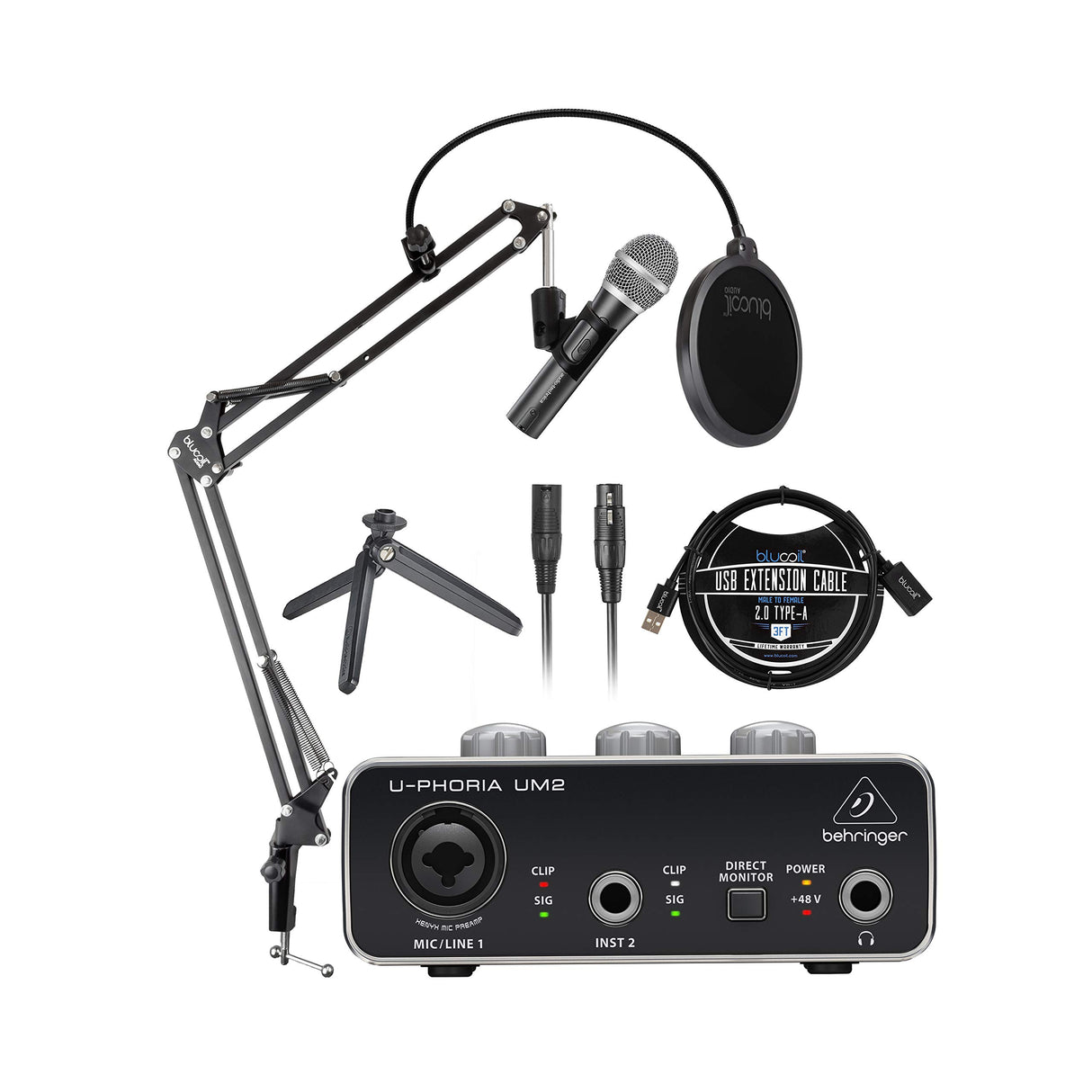 Audio-Technica ATR2100X-USB Cardioid Dynamic Microphone (ATR Series) Bundle with Behringer U-PHORIA UM2 Audio Interface for Windows & Mac, Blucoil 3' USB Extension Cable, and Boom Arm Plus Pop Filter