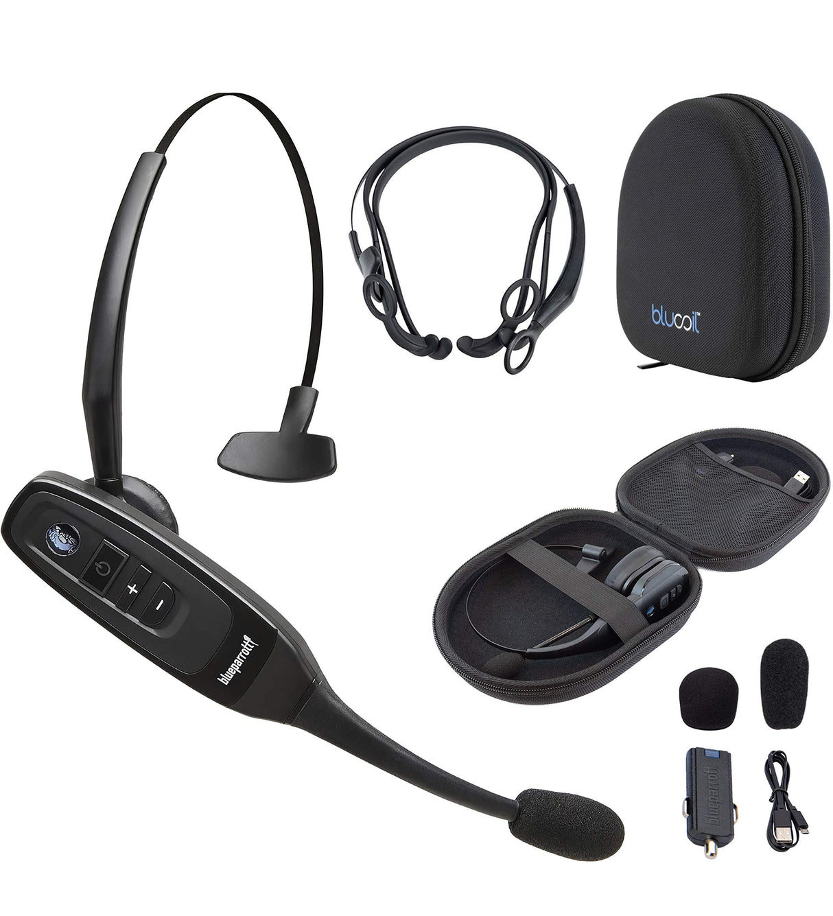 BlueParrott C400-XT Voice-Controlled Bluetooth Headset - Industry Leading Sound with Long Wireless Range, Noise-Cancelling - Compatible with iOS and Android (Black) Bundle with Blucoil Carrying Case