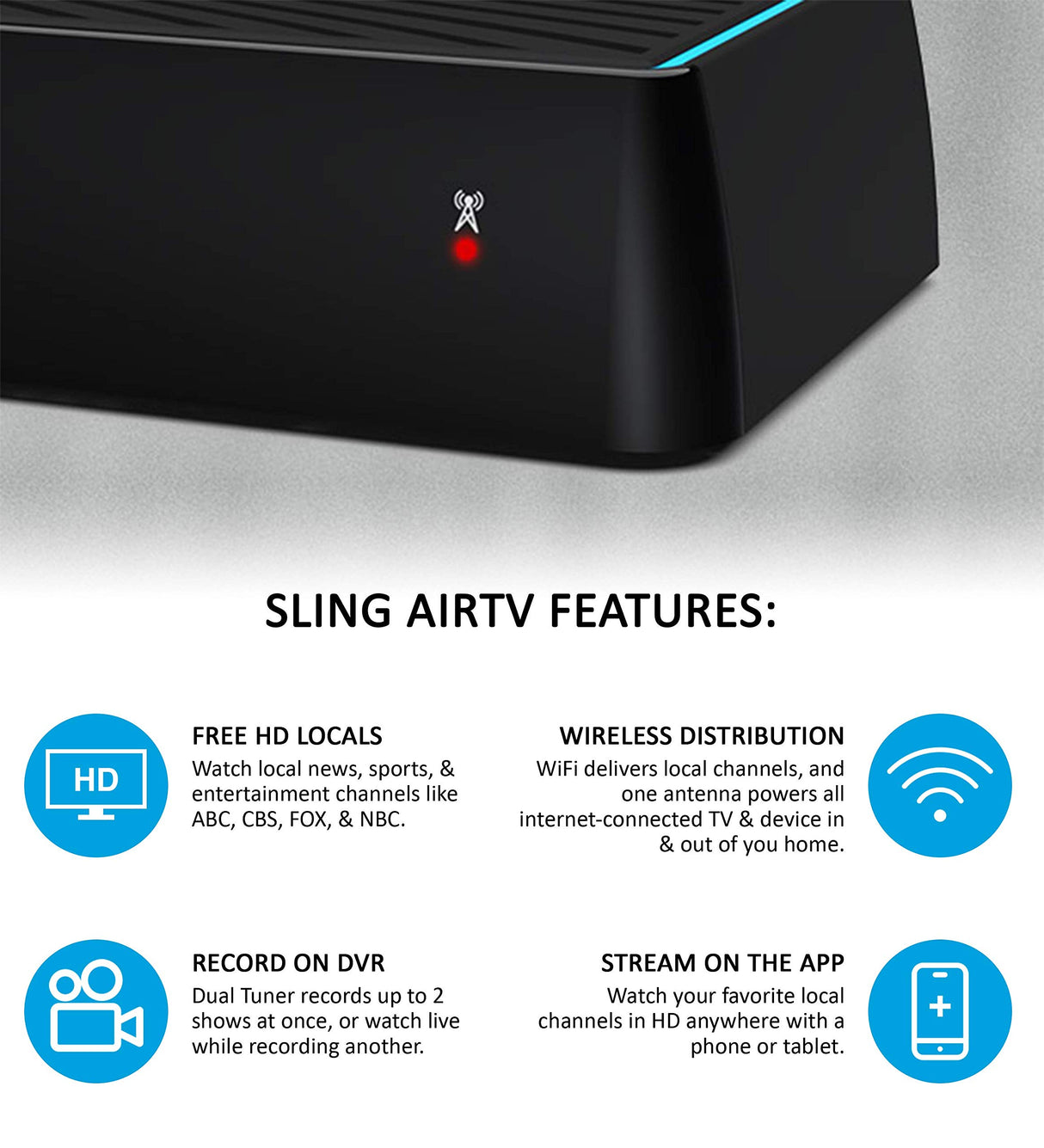 Sling AirTV Dual-Tuner Local Channel Streamer for TVs and Mobile Devices with DVR Capabilities and Works w/Sling TV Bundle with Mohu 25 Mile HDTV Antenna and Blucoil 5-Pack of Reusable Cable Ties