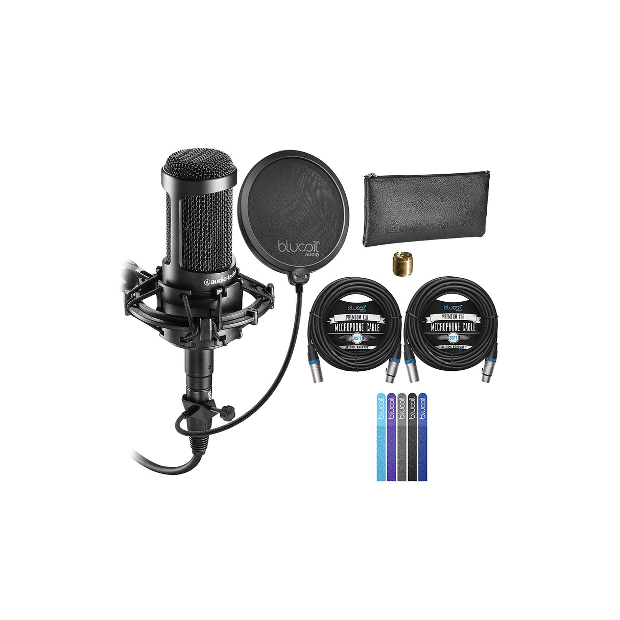 blucoil Audio Technica AT2035 Cardioid Condenser Microphone Bundle Pop Filter Windscreen, 2-Pack of 20-FT Balanced XLR Cables, and 5-Pack of Reusable Cable Ties