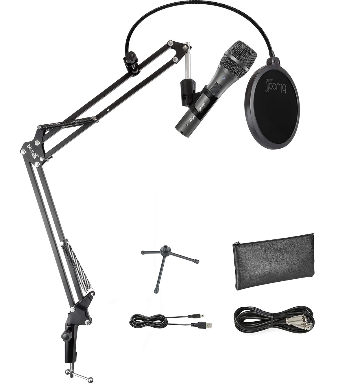 blucoil Audio Technica AT2005USB Cardioid Dynamic USB/XLR Microphone for PA Systems, Windows and Mac Bundle with Desk Tripod Mic Stand Boom Arm Plus Pop Filter