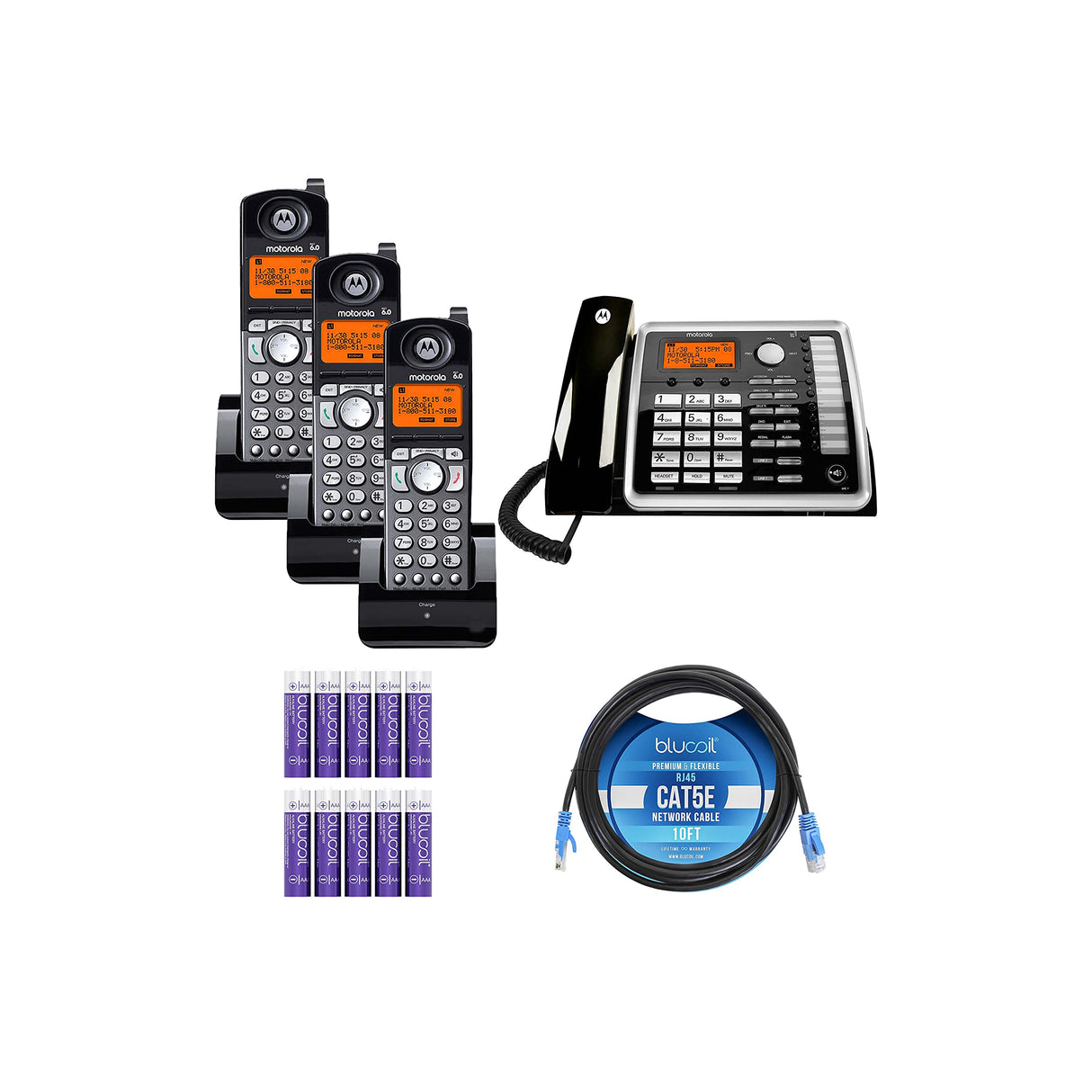 Motorola ML25260 2-Line Corded Phone with Full Duplex Speakerphone & Caller ID/Call Waiting Bundle with 3-Pack of ML25055 DECT 6.0 Cordless Handsets, Blucoil 10' Cat5e Cable, and 10 AAA Batteries