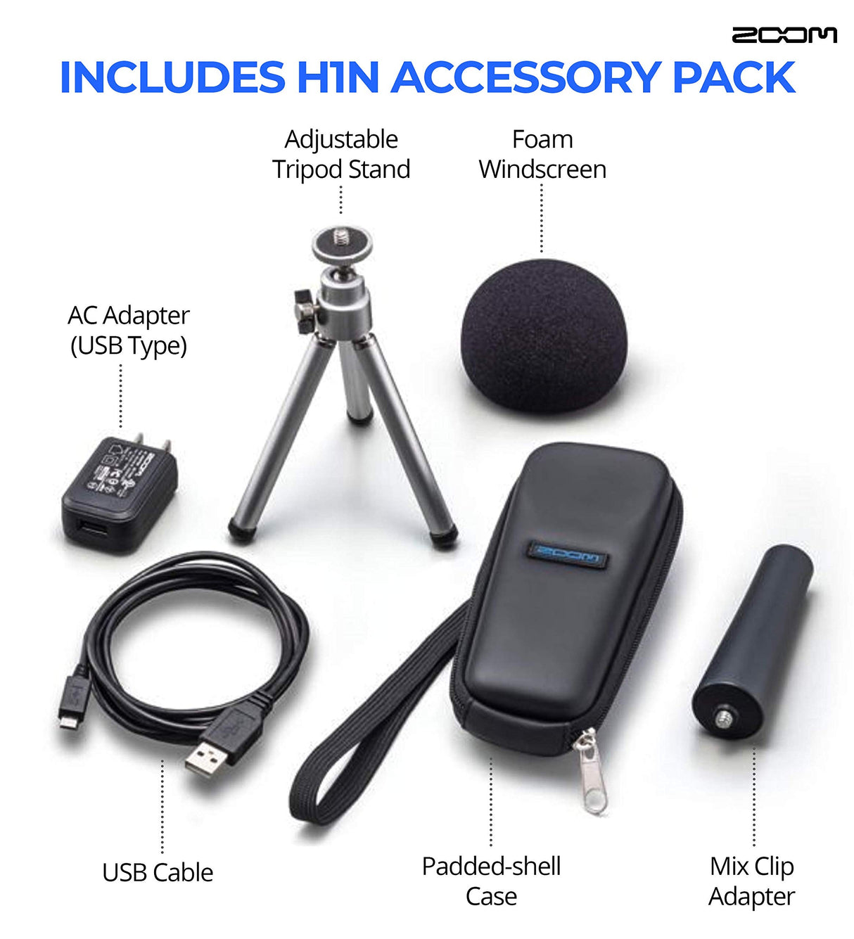 Zoom H1N Handy Recorder Bundle with 32GB Class 10 MicroSD Card, Samson SR350 Headphones, Blucoil 6' 3.5mm Extension Cable, 4 AAA Batteries, Mic Furry Windscreen, and Table Top Camera Tripod