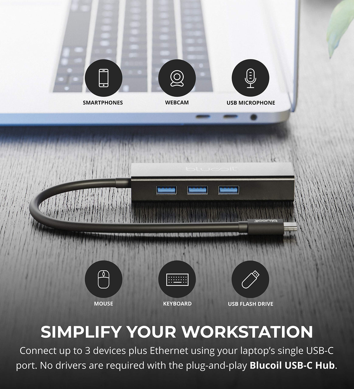Blucoil 4-in-1 USB C Hub with 3 USB 3.0 Ports and Ethernet Adapter - Compatible with MacBook, Chromebook, Windows, and Other Type-C Devices