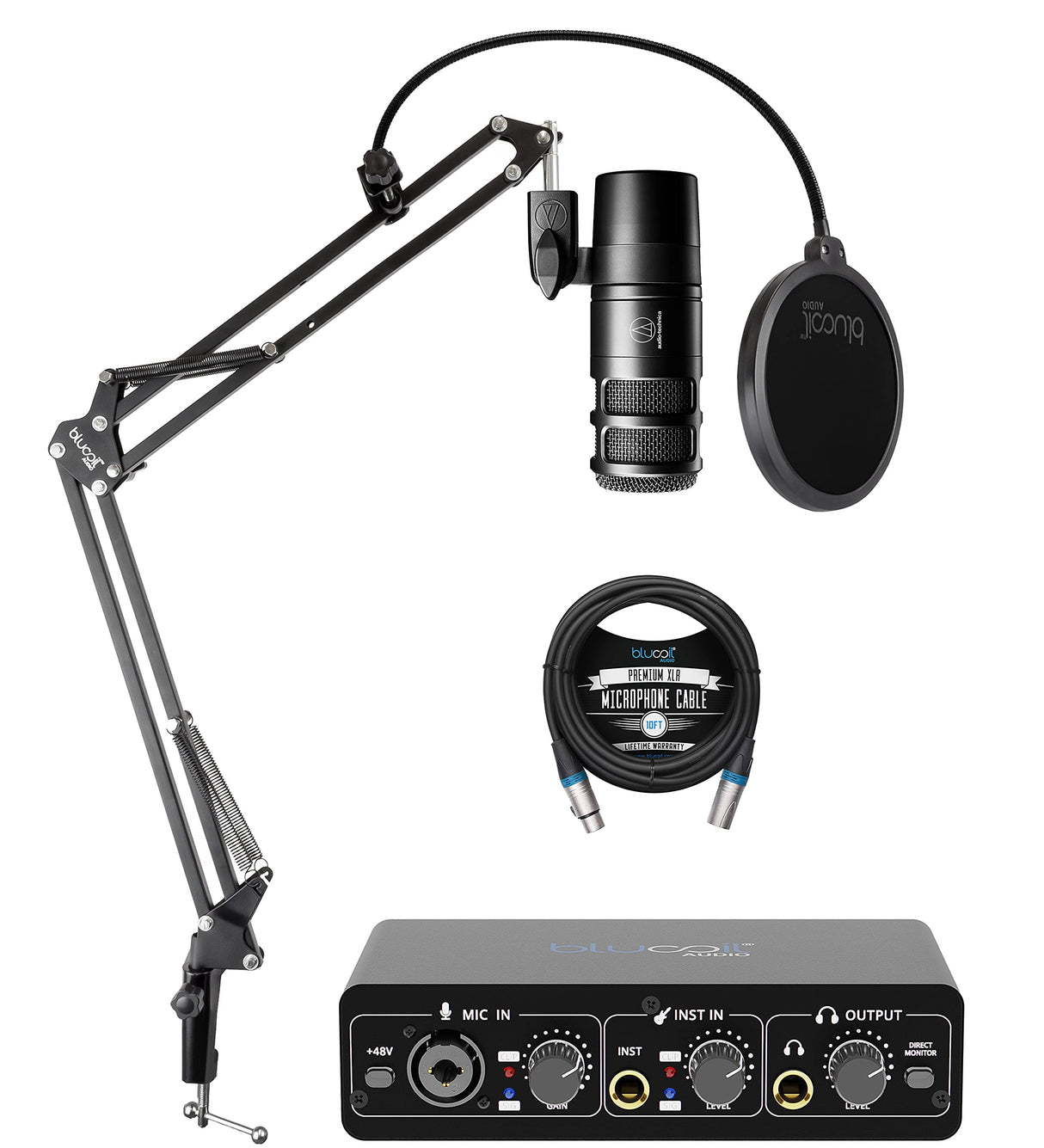 Audio Technica AT2040 Hypercardioid Dynamic Podcast Microphone with XLR Connection, Integrated Shockmount Bundle with Blucoil 10' XLR Cable, Boom Arm Plus Pop Filter, and Portable USB Audio Interface