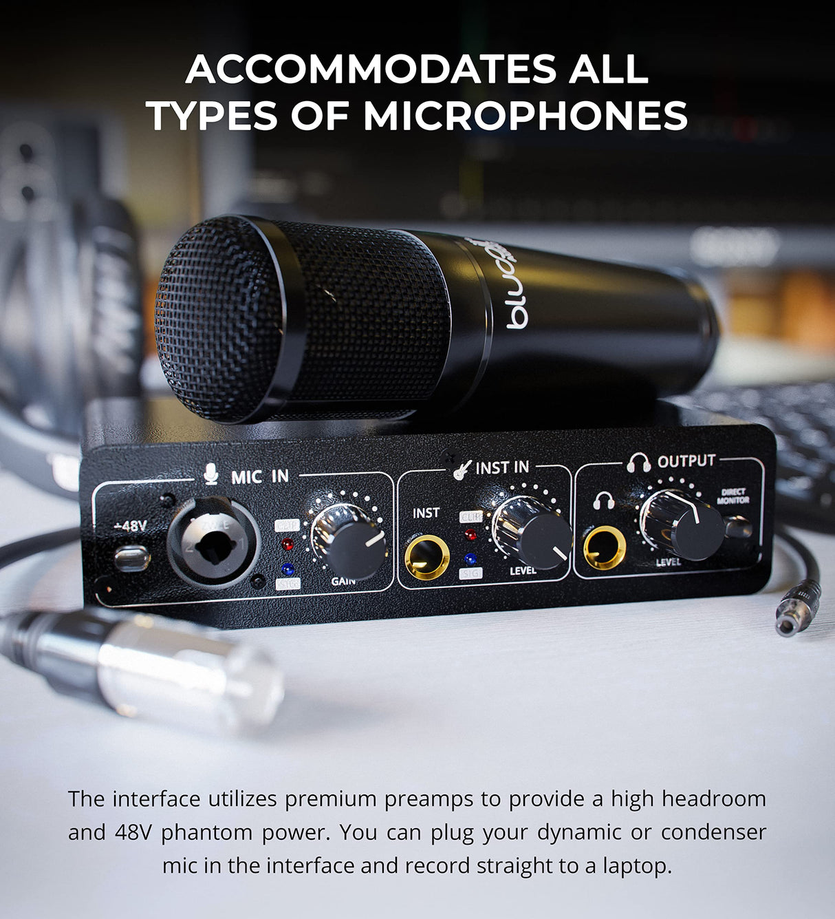 Blucoil Portable USB Audio Interface with 48V Phantom Power, USB Bus Power, Low-Latency Direct Monitoring for Home Studio Recording, Streaming, Gaming, and Podcasting on Windows and Mac