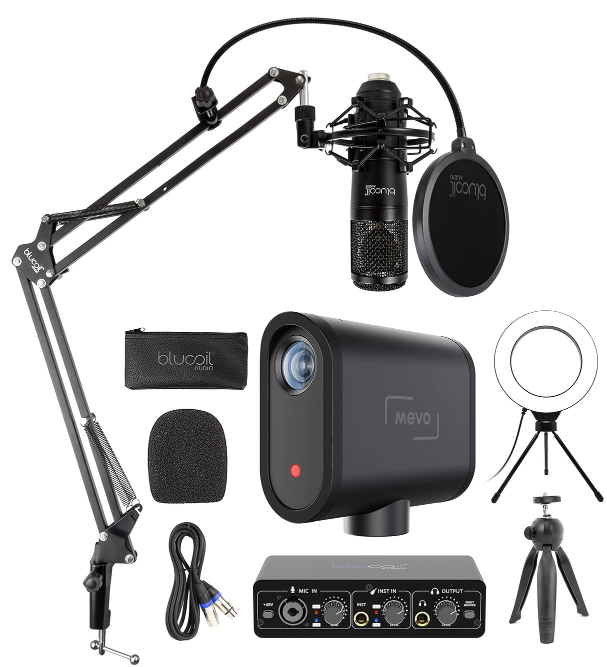 blucoil Mevo Start Wireless Live Streaming Camera 1080p HD Video Bundle XLR Condenser Microphone, USB Audio Interface, Boom Arm Plus Pop Filter, 6" Ring Light, and Vidpro TT-6 Table-Top Tripod