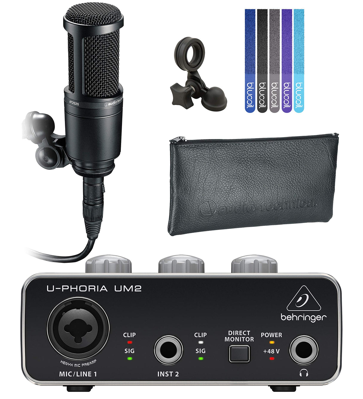 blucoil Audio Technica AT2020 Cardioid Condenser Microphone for Home Studio Recording Bundle with Behringer U-PHORIA UM2 USB Audio Interface for Windows and Mac 5-Pack of Reusable Cable Ties