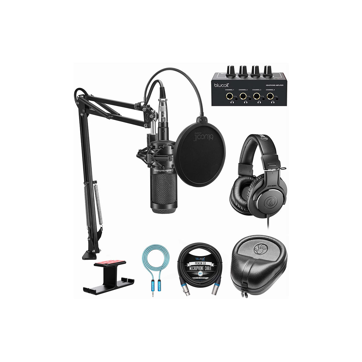Audio-Technica AT2035PK Streaming/Podcasting Pack Bundle with Blucoil Portable Headphone Amp, Pop Filter, 10' XLR Cable, 6' 3.5mm Extension Cable, Aluminum Headphone Hook, and Slappa Headphone Case