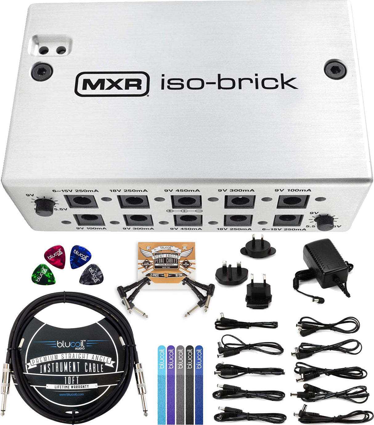 MXR M238 Iso-Brick Power Supply with Isolated Outputs for Effects Pedals Bundle with AC Adapter, Blucoil 10' Straight Instrument Cable (1/4"), 2X Patch Cables, 4X Guitar Picks, and 5X Cable Ties