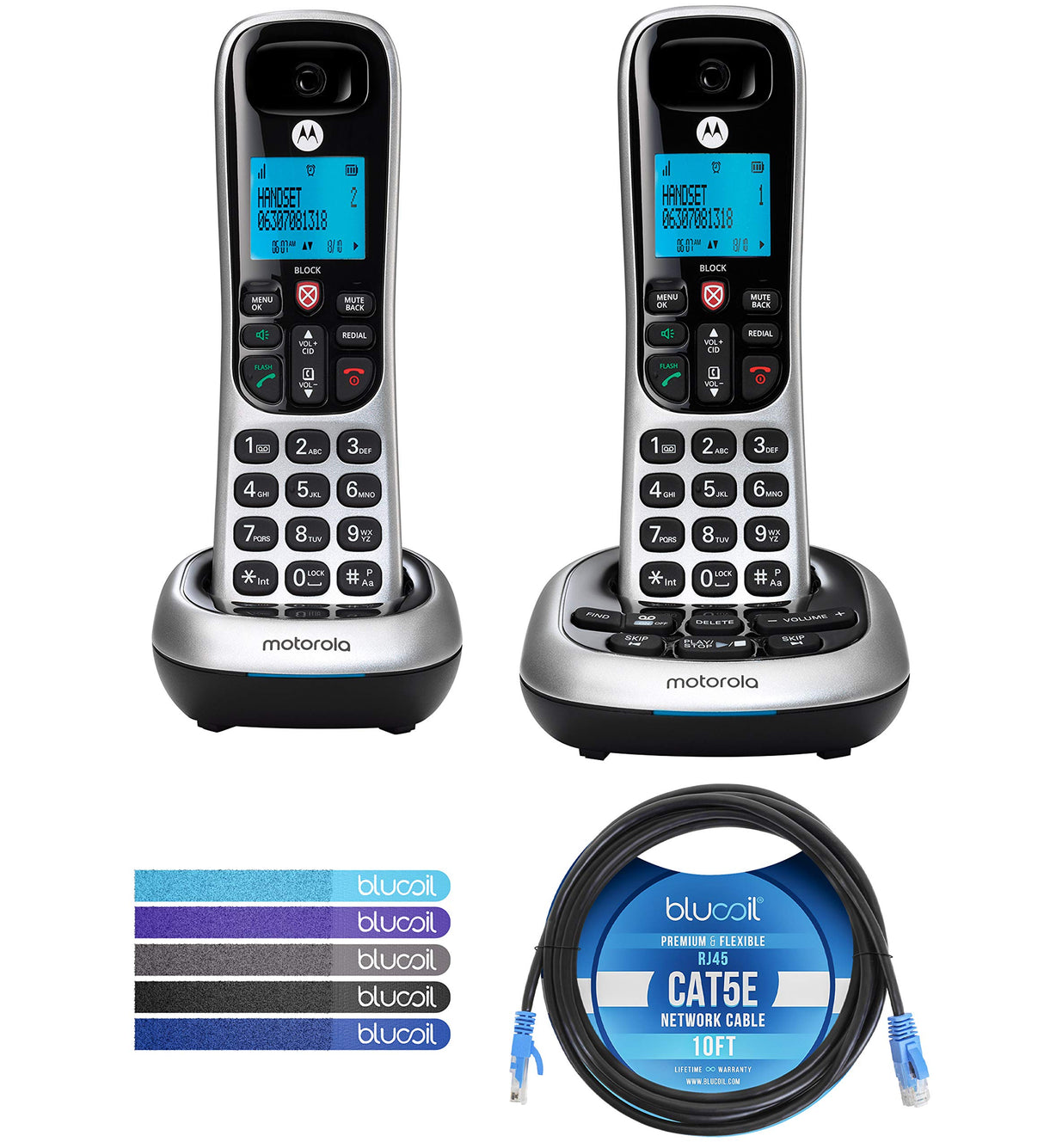 Motorola CD4012 DECT 6.0 Cordless Phones with Digital Answering Machine and Call Block (2-Pack) Bundle with Blucoil 10-FT 1 Gbps Cat5e Cable, and Reusable Cable Ties (5-Pack)