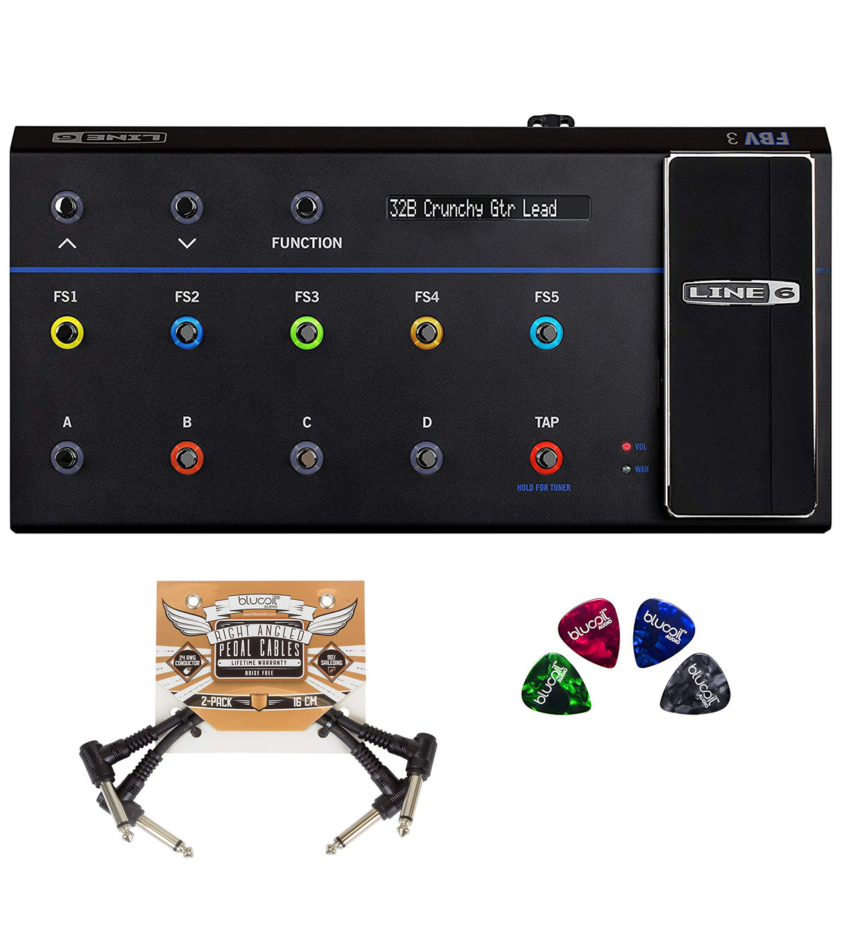 Line 6 FBV 3 Pedalboards Foot Controller for Line 6 Amps and Multi-Effects Processors Bundle with Blucoil 2-Pack of Pedal Patch Cables, and 4-Pack of Celluloid Guitar Picks