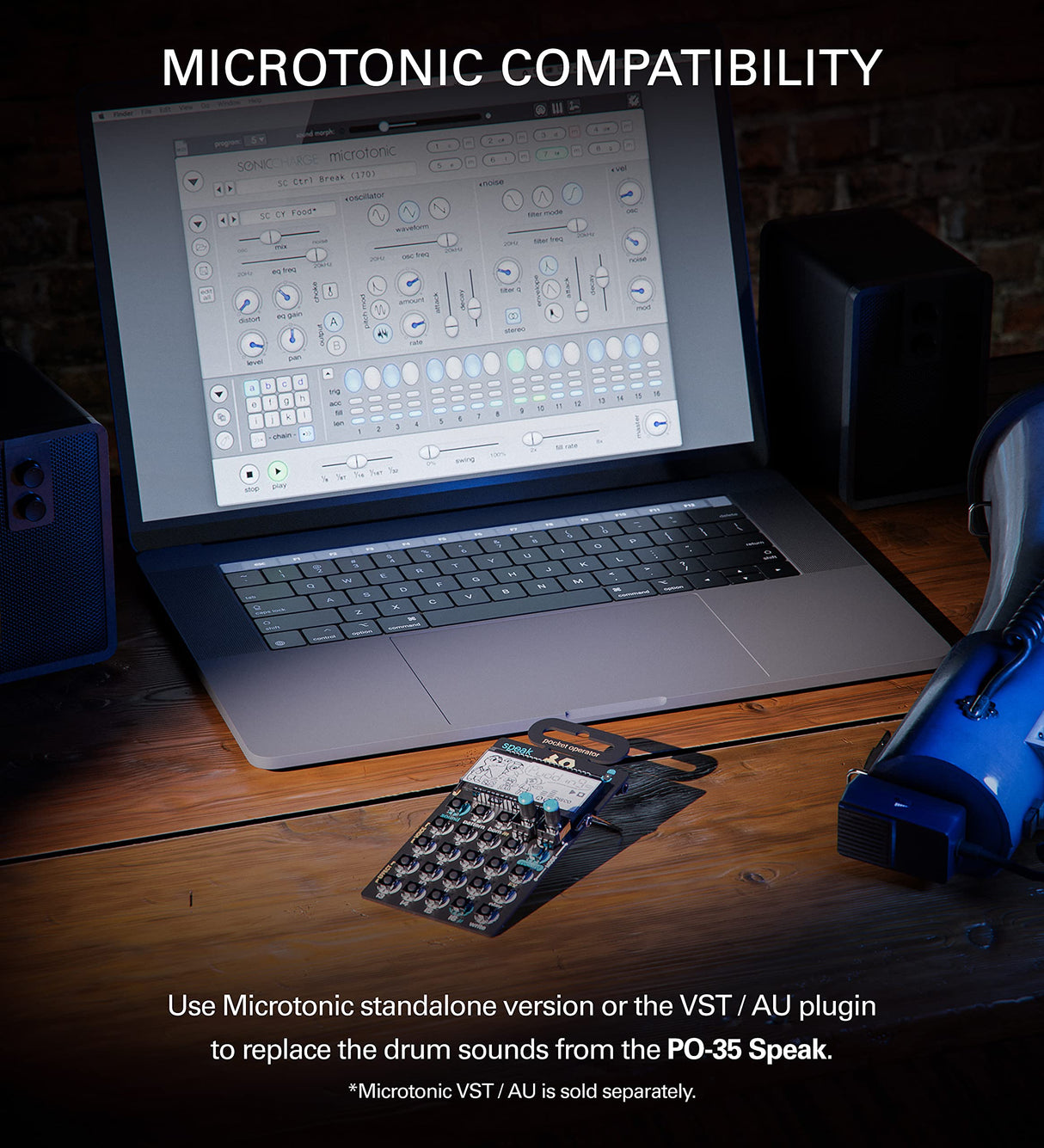 teen age engineering Pocket Operator PO-35 Speak Vocal Synthesizer Bundle with PO-20 Arcade Synthesizer, Samson SR350 Headphones, Blucoil 6' 3.5mm Extension Cable, 4 AAA Batteries, 3x 7" AUX Cables